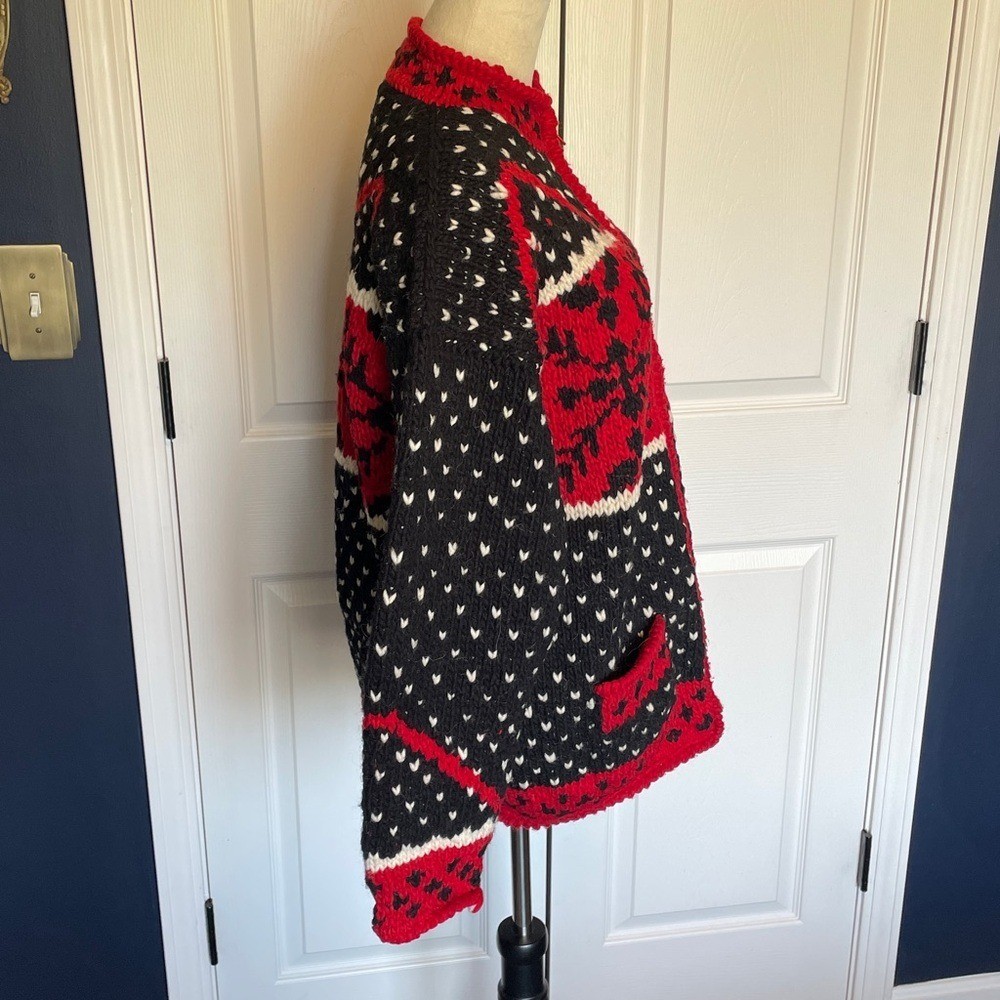 Vintage Unbranded Handmade Chunky Red & Black Zip-Up Wool Sweater Cardigan Sz M