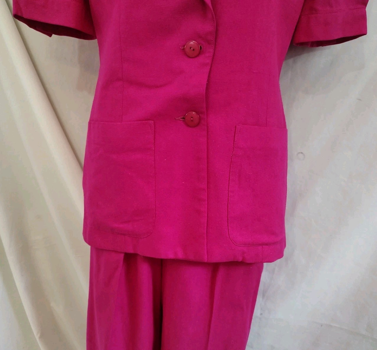 80’s Vintage 100% Silk Pants Suit SK & Company Hot Pink Short Sleeve Sz 10