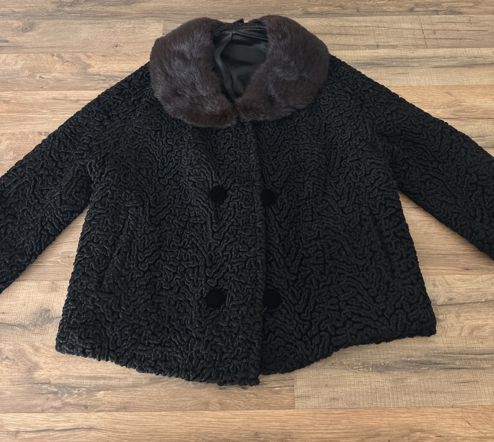 VTG 50s 60s Persian Lamb Wool Curly Coat Fits L Fur Collar Double Breasted 3/4