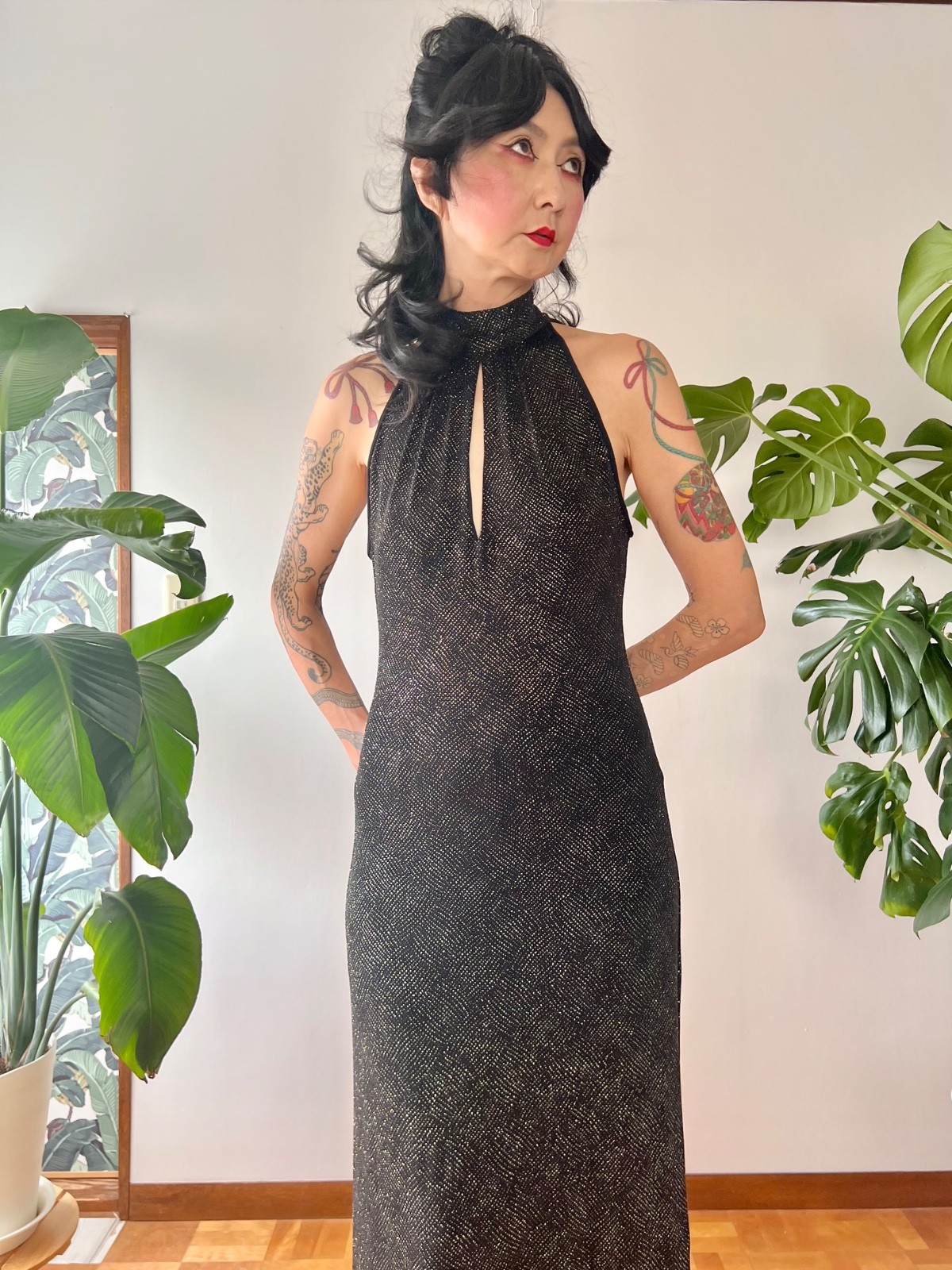90s Does 70s Caché Open Back Black Glitter Keyhole Halter Maxi Dress Disco Gown