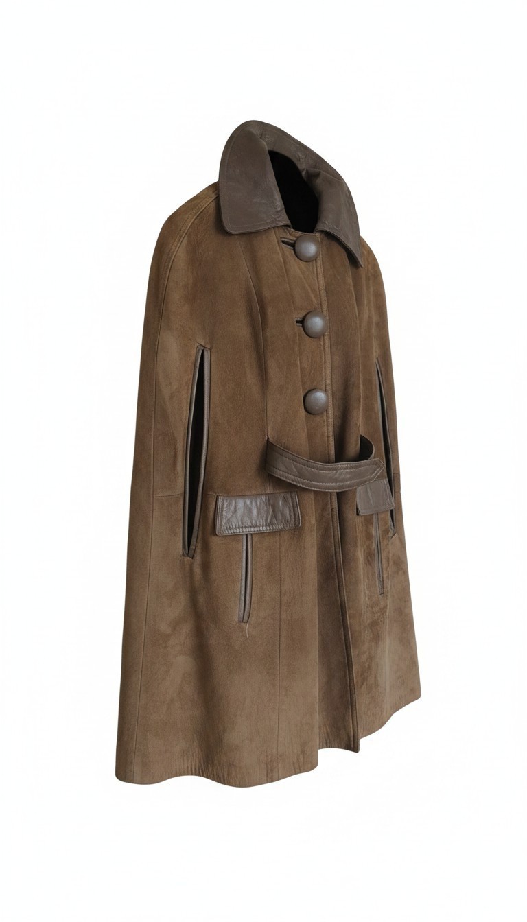 Vintage Currier’s Suede Cape Coat | Made in USA | Taupe Brown Leather Trim