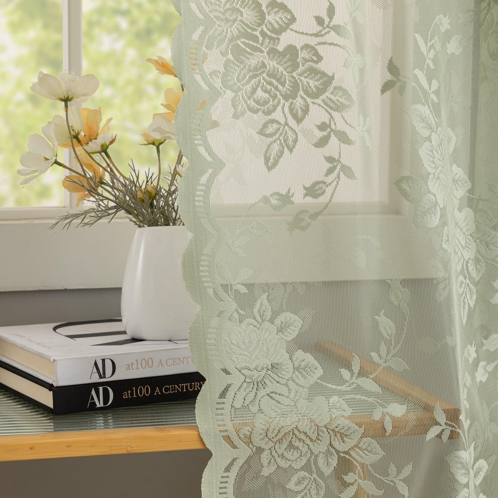 YJ YANJUN Sage Green Lace Curtains 84 inches Long Vintage Victorian Floral Sh…