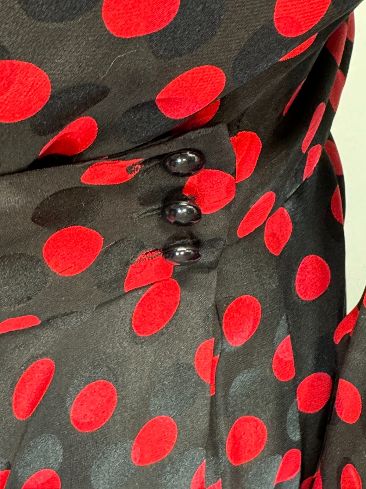 80s Silk Designer Wrap Shirt Dress Albert Nipon Polka Dot Red Black 200+ sweep!!