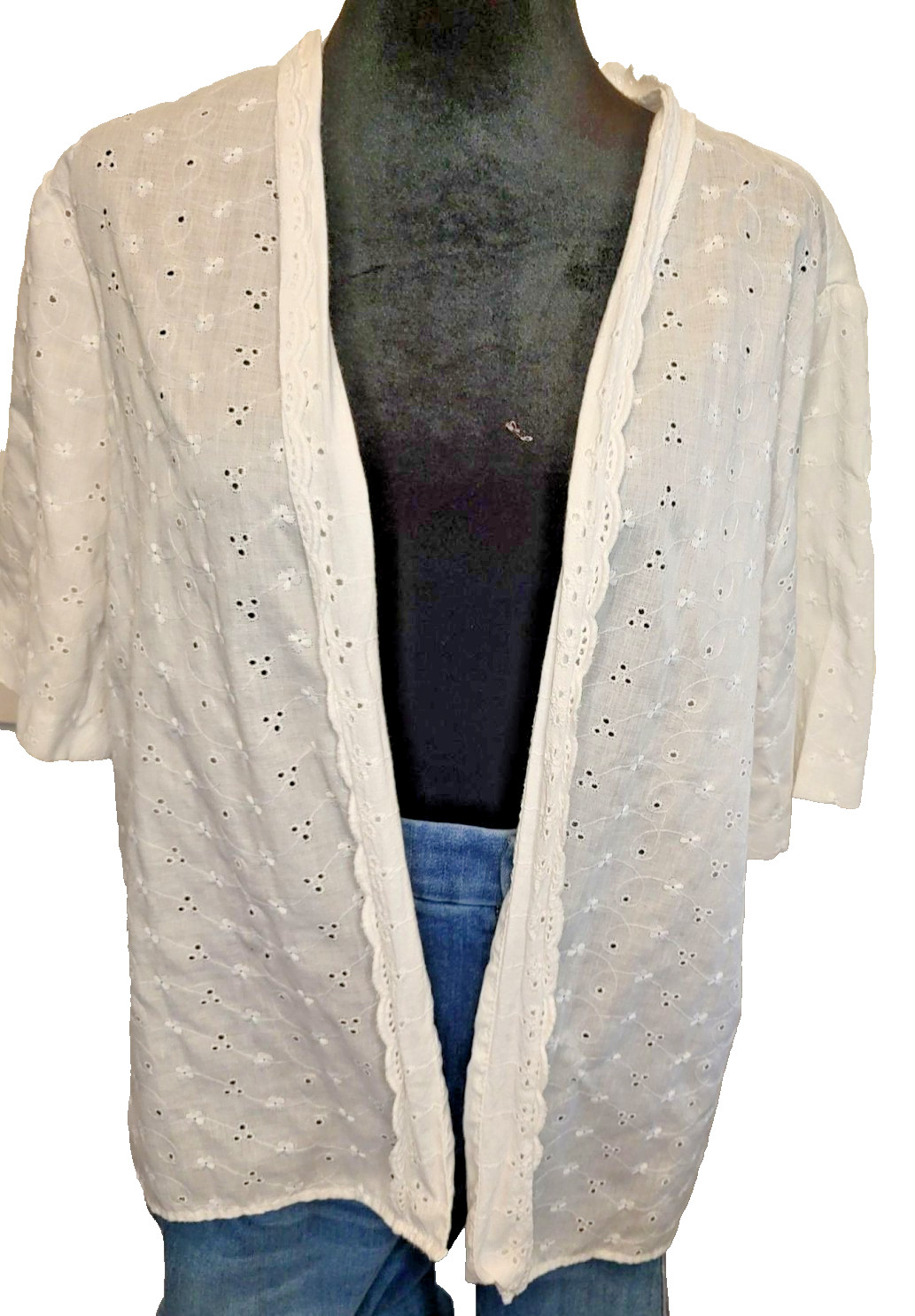 Vintage 80s Vicki Wayne’s White Eyelet Open Cardigan L Cottage Coquette Prairie