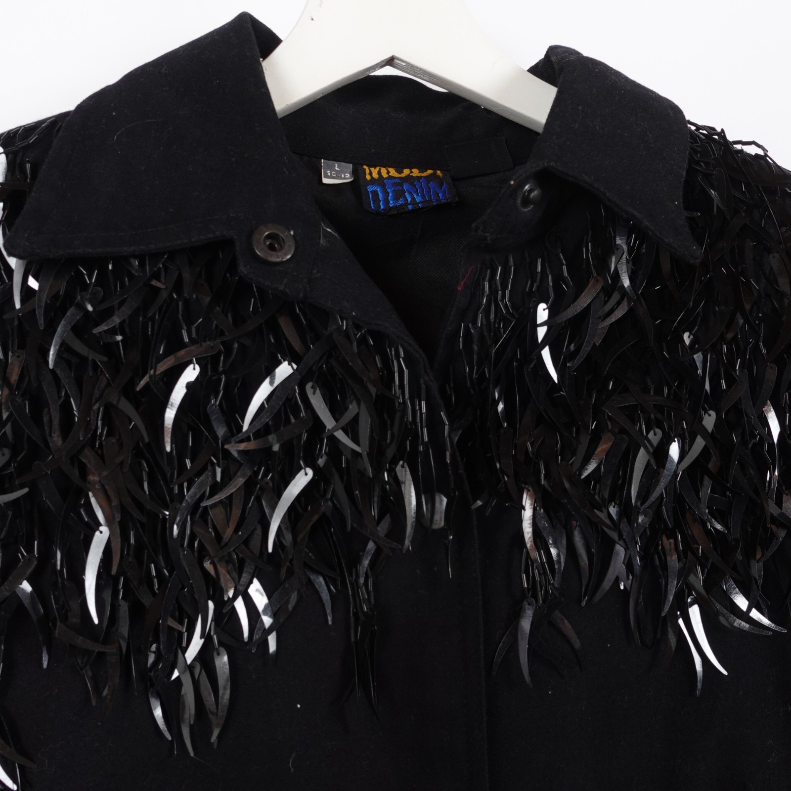 Vintage Modi Denim Feather Sequin Jacket Women Size Large Black Beaded Fringe