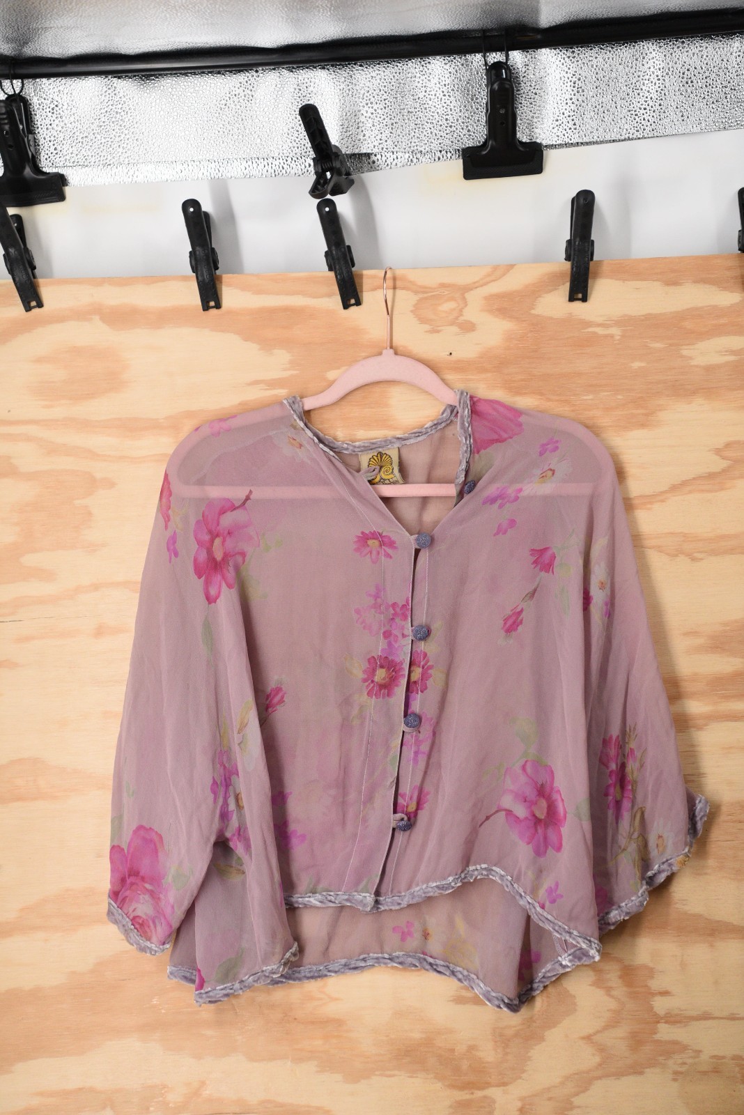 Vintage URU Kristine St Rrik Silk Floral Chiffon Velvet Trim RARE! Button Shirt