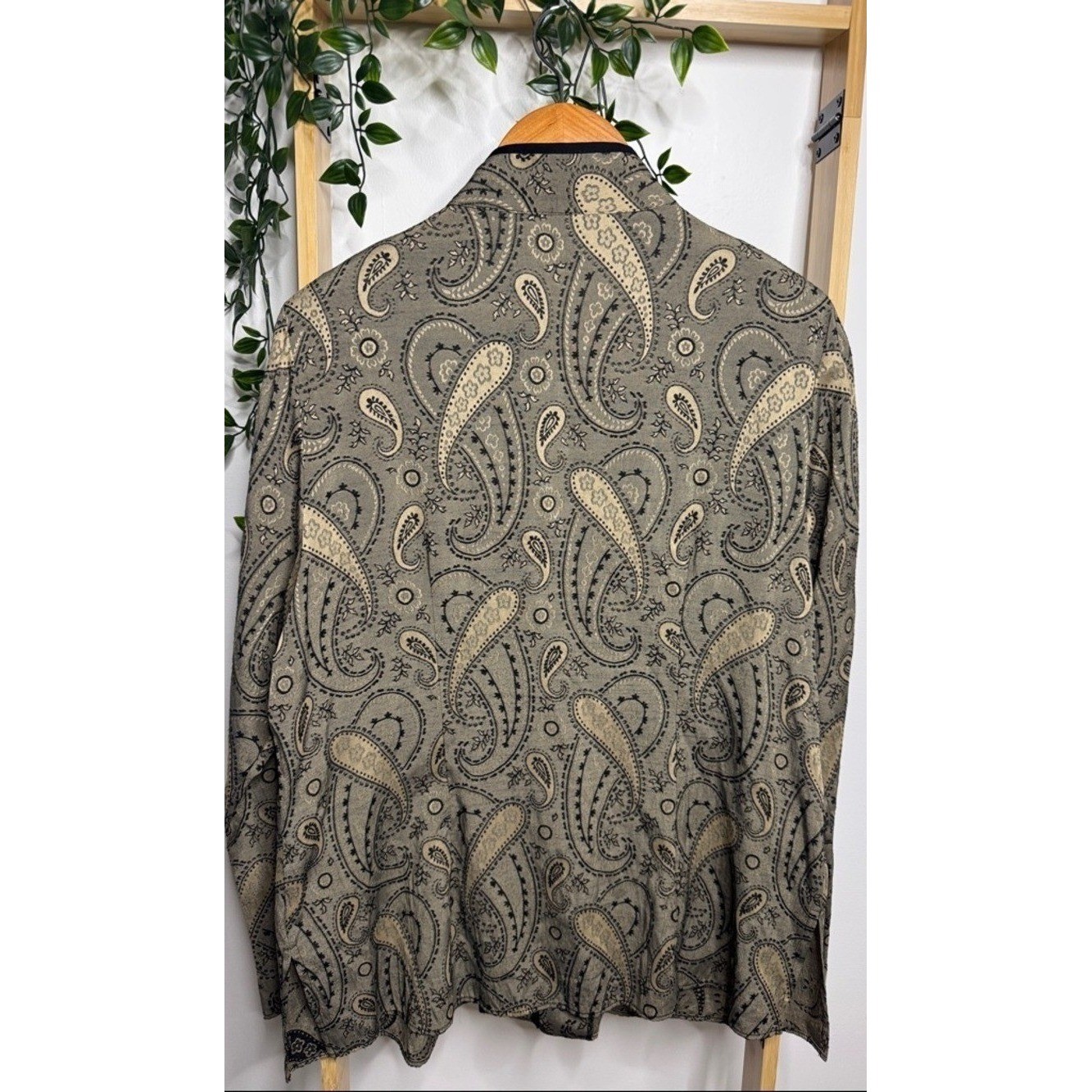 VTG Paisley Olive Green Button Front Shirt Jacket XL Black Trim Boho Gallerycore
