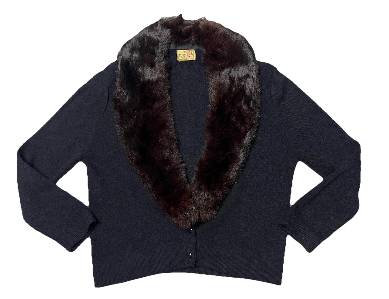 Vtg 50’s Du Pont Orlon Black Cardigan REAL MINK FUR Shawl Collar Sweater S/M
