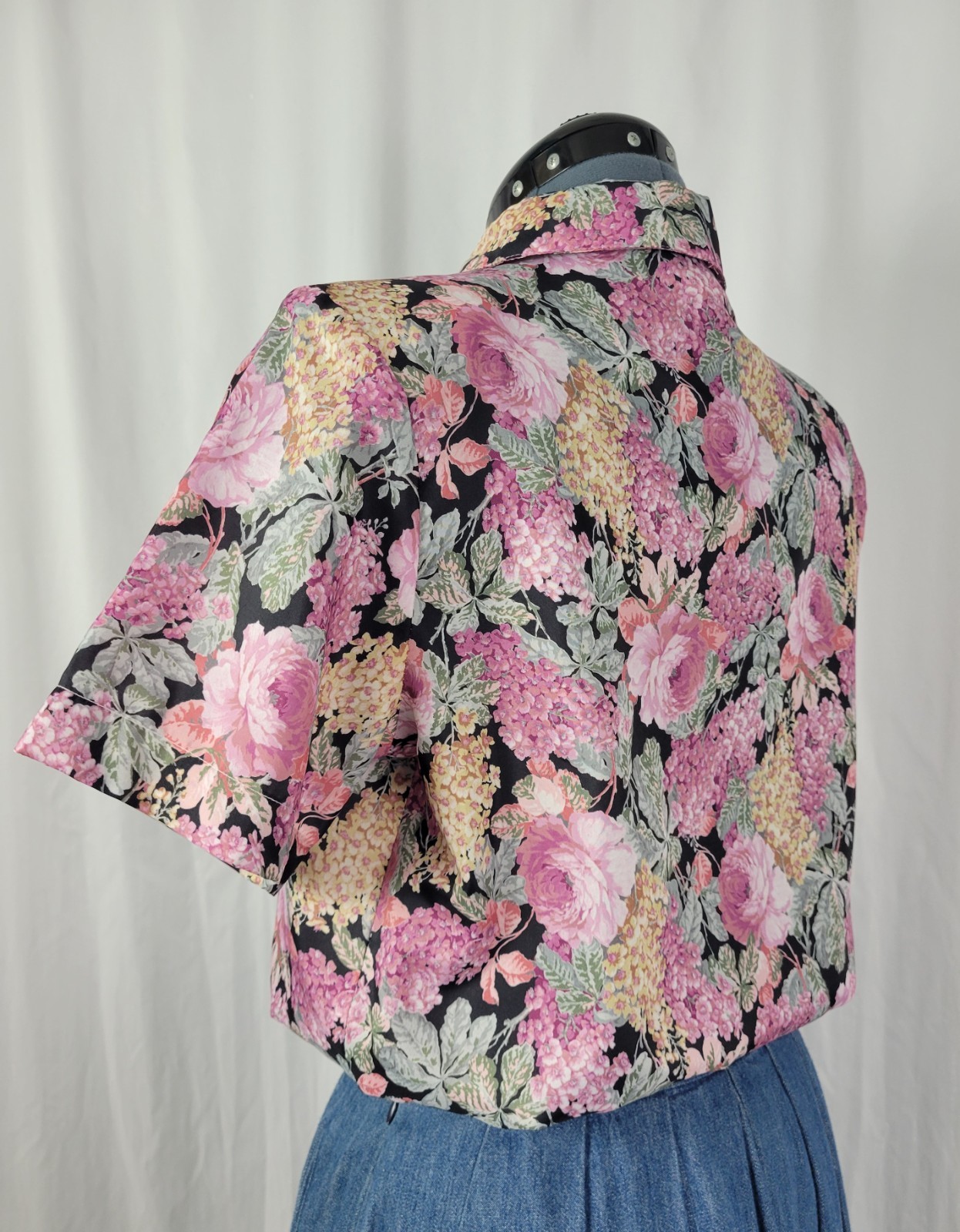 Vintage Copy Cats Black & Pink Floral S/S Blouse w Accent Collar Size 12