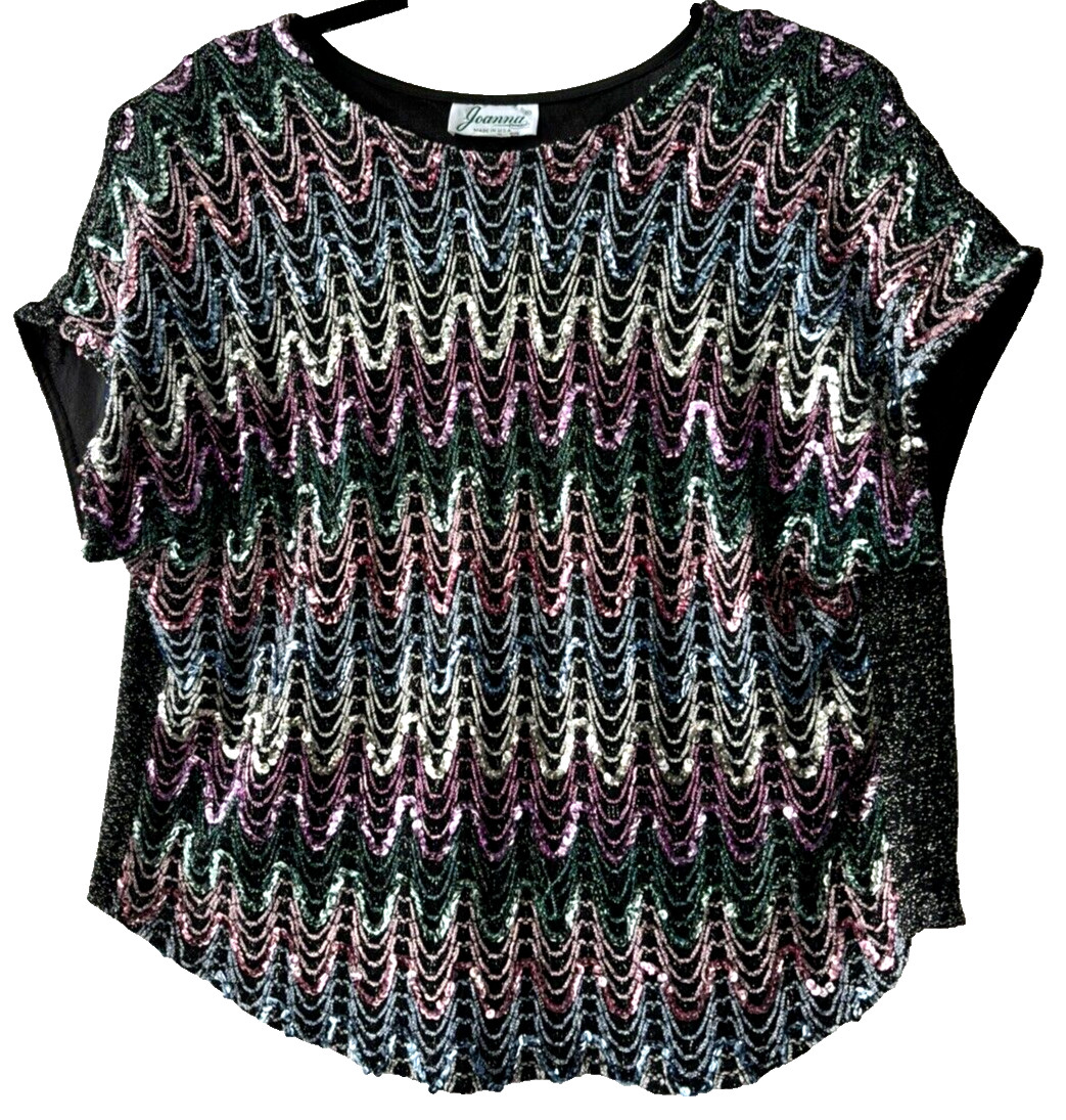 Vtg 80s Glam Sparkly Sequin Top Shoulder Pads Disco Party Shirt Sz 14 (42) USA