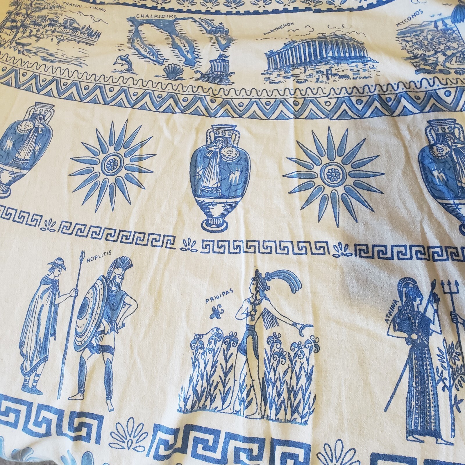 Vtg 1970s Greek Greece Novelty Wrap Skirt Blue White Cotton Size Medium