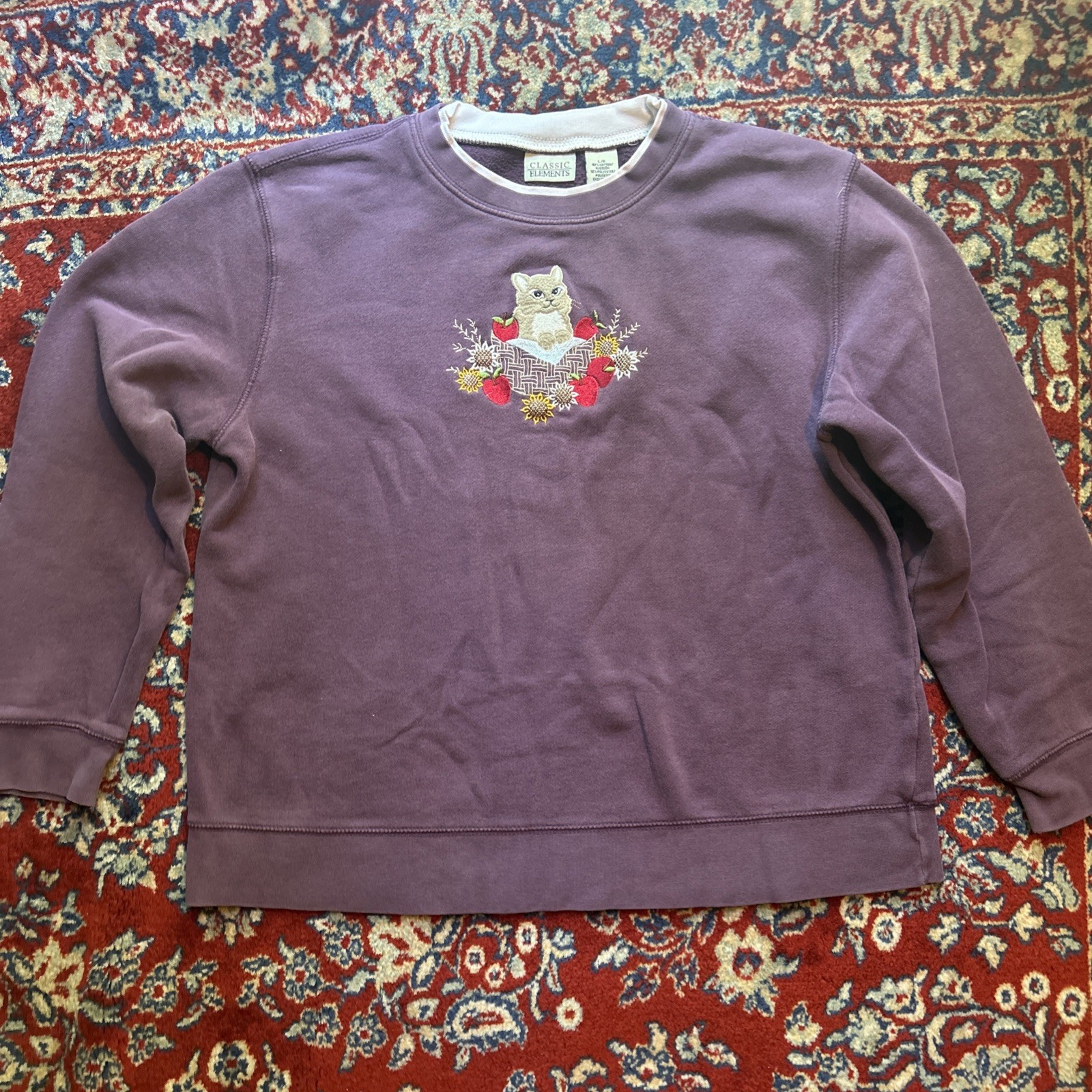 VTG Classic Elements Cat Embroidered Women L Apple Pullover Purple Sweatshirt