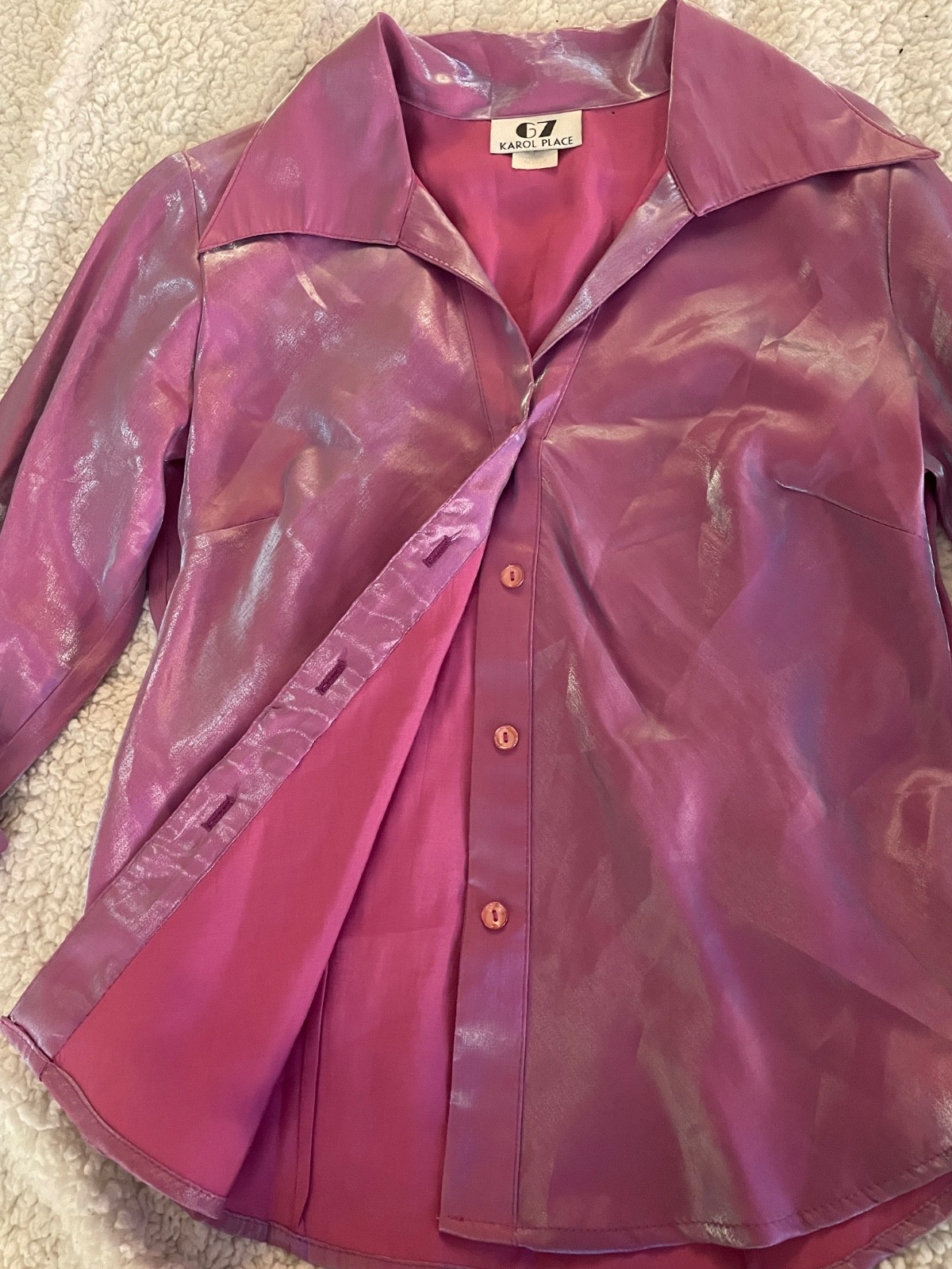 Vintage Y2K Karol Place Pink Iridescent Metallic Button Up Blouse Medium USA