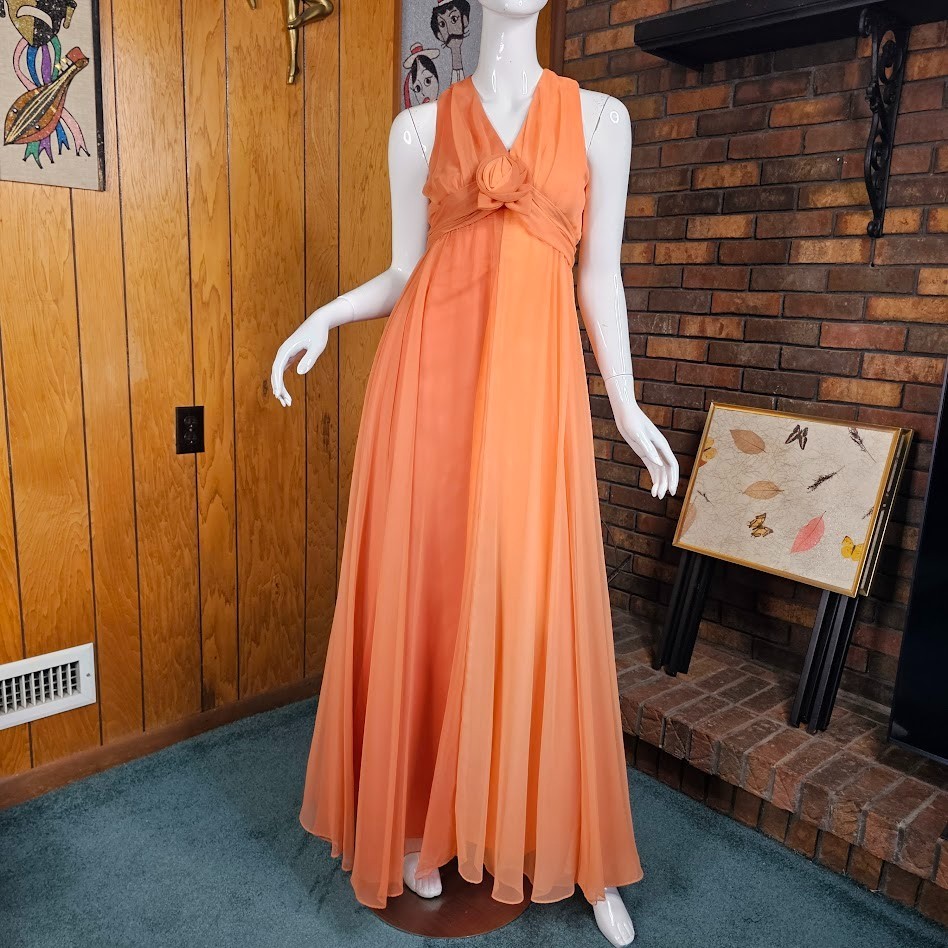 Vtg 70s Peach Chiffon Formal Maxi Dress Rosette Prom Bewitched Party Wedding S