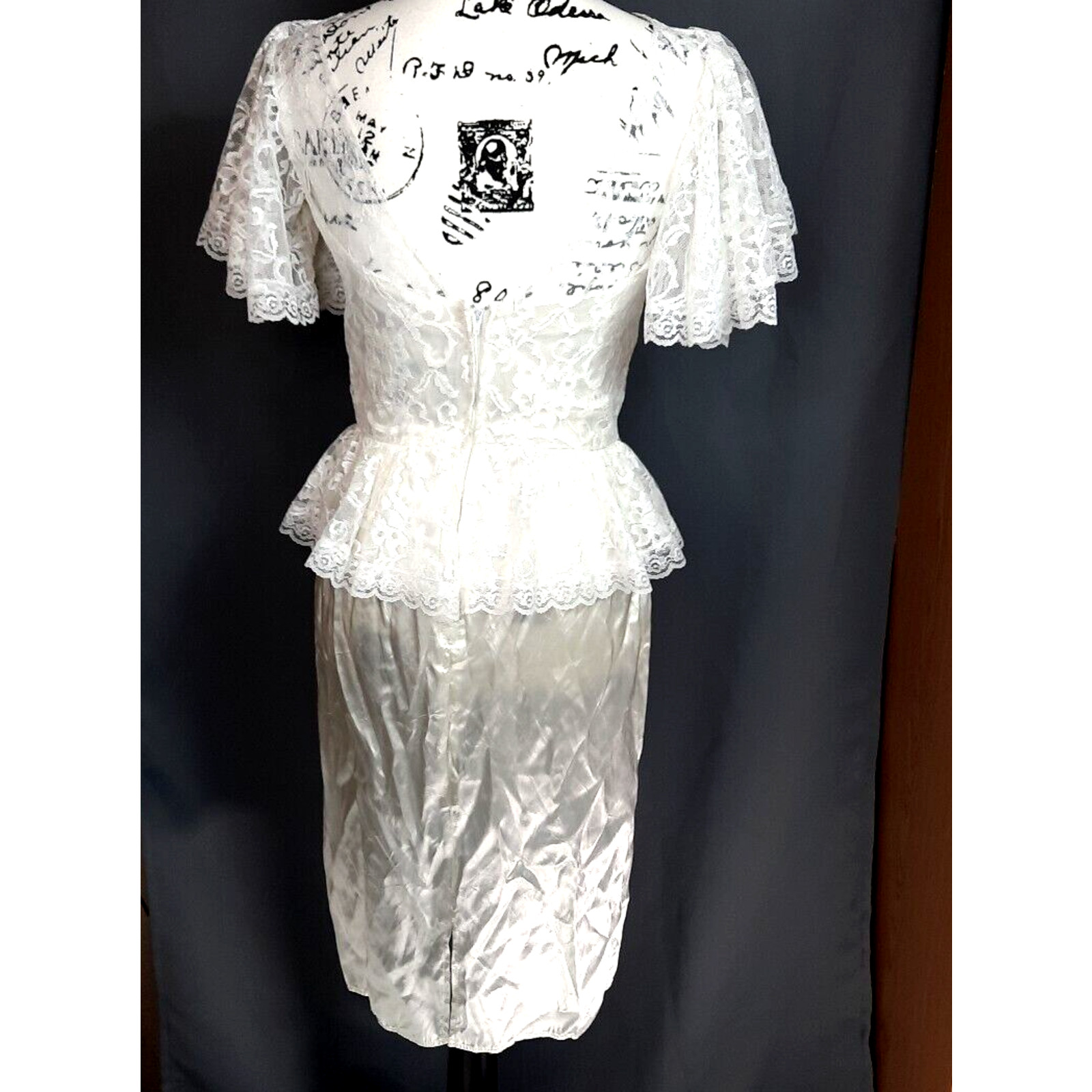 Vtg Diamonds Run Lace Puff Sleeve Peplum Satin Midi Dress Size 8 White Coquette