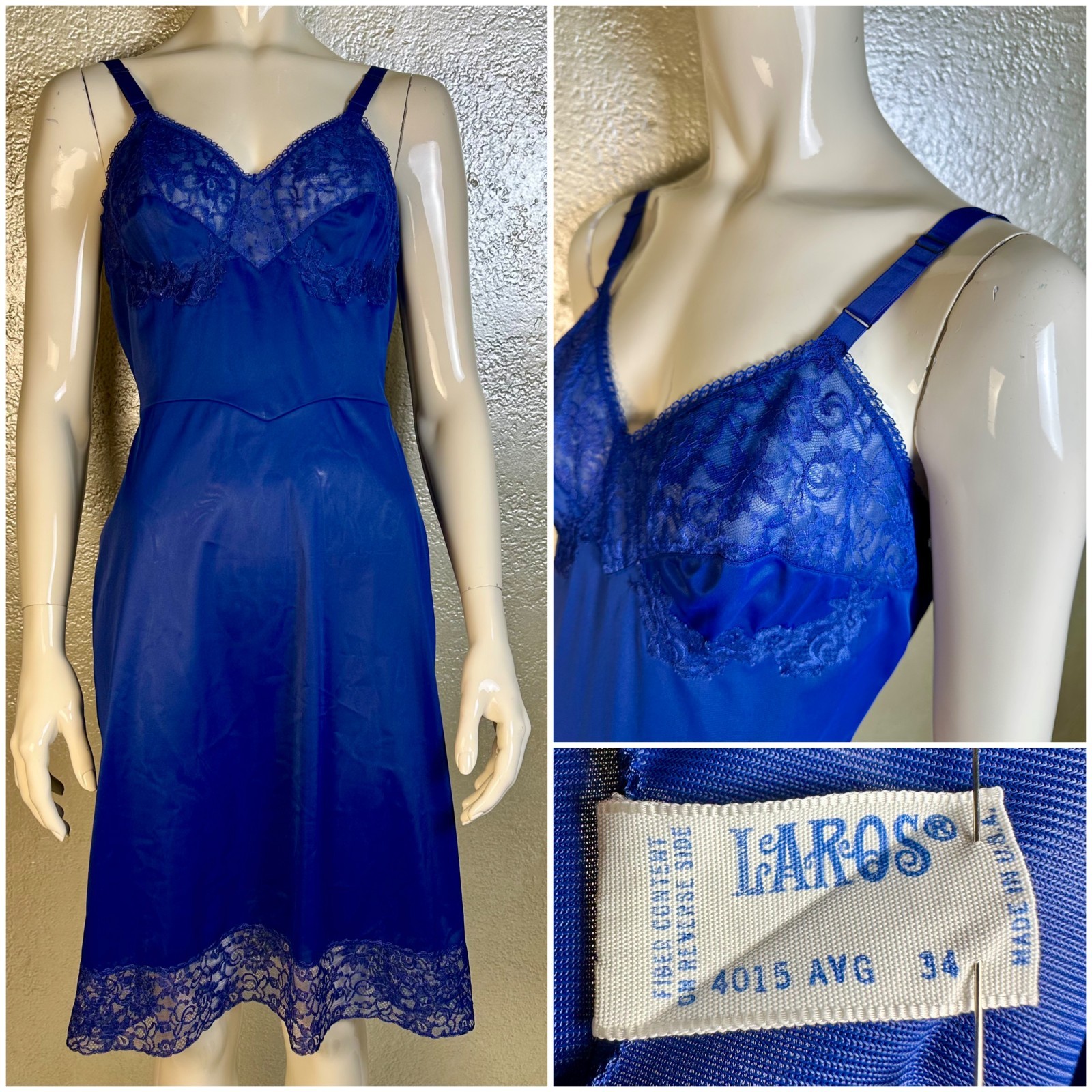 Vintage 1950’s LAROS Bright Blue Dress Slip Nylon Nightgown Sheer Lace S/M