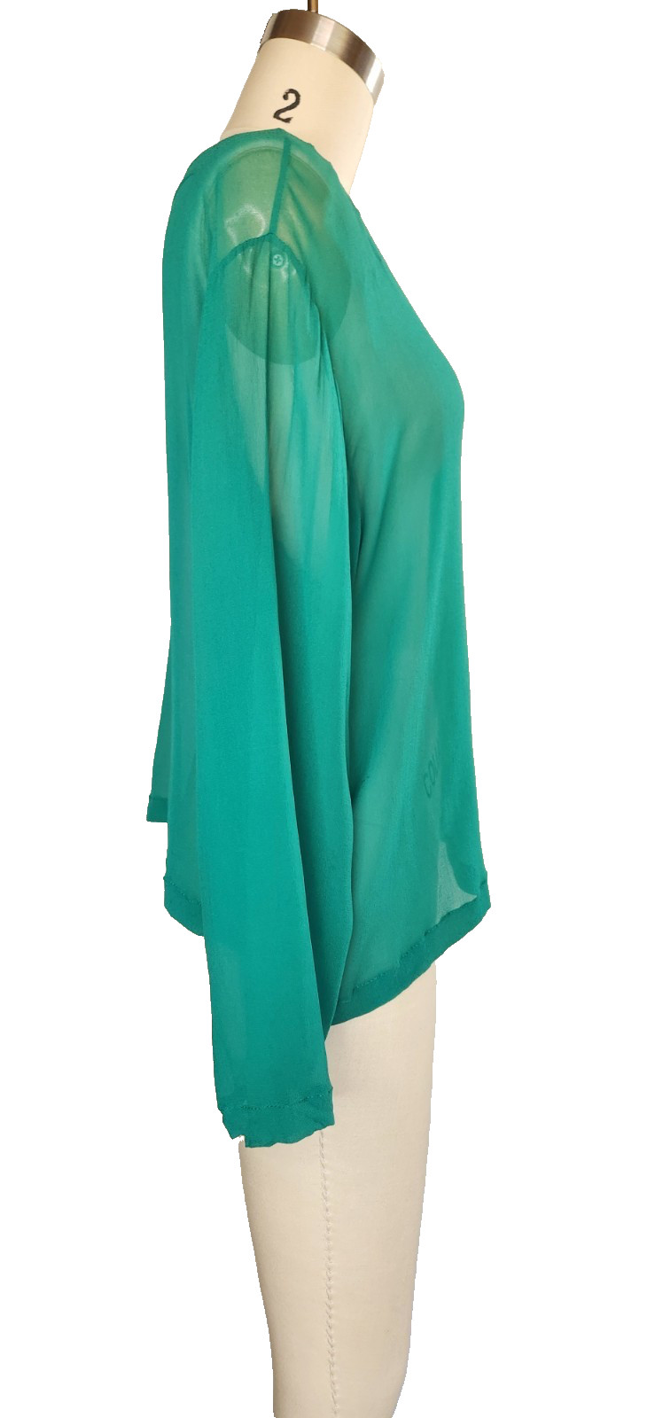 VTG 80s OMO Norma Kamali Green SILK Blouse Top Long Sleeves Sheer Oversized L