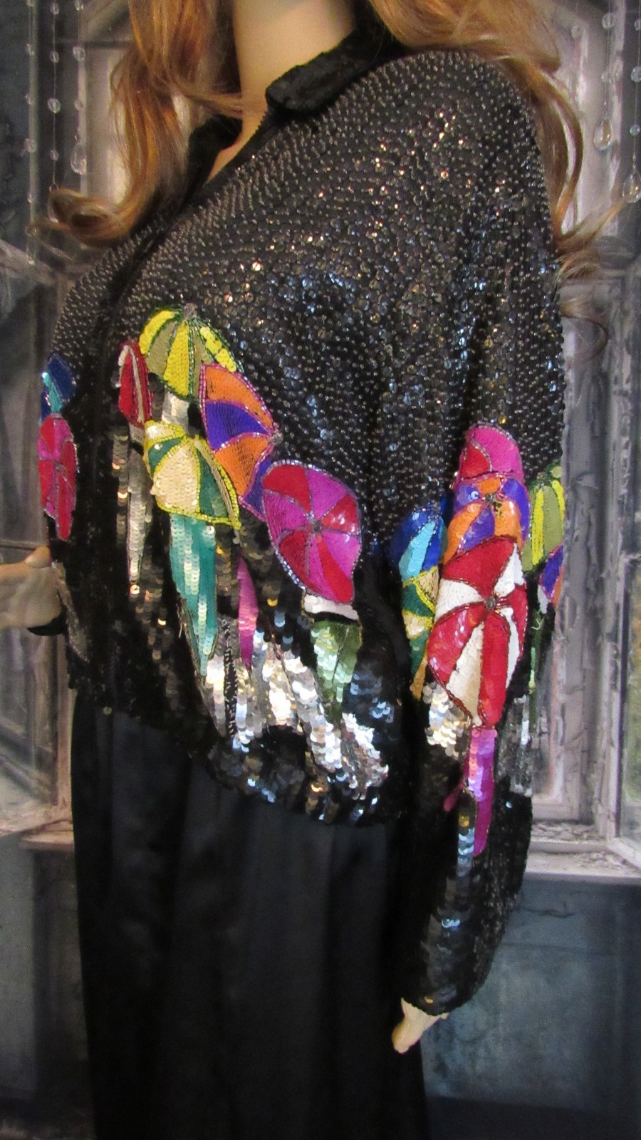 Vintage 80’s Modi Full Sequin Embellished Umbrella Theme Jacket Size Small 6-8