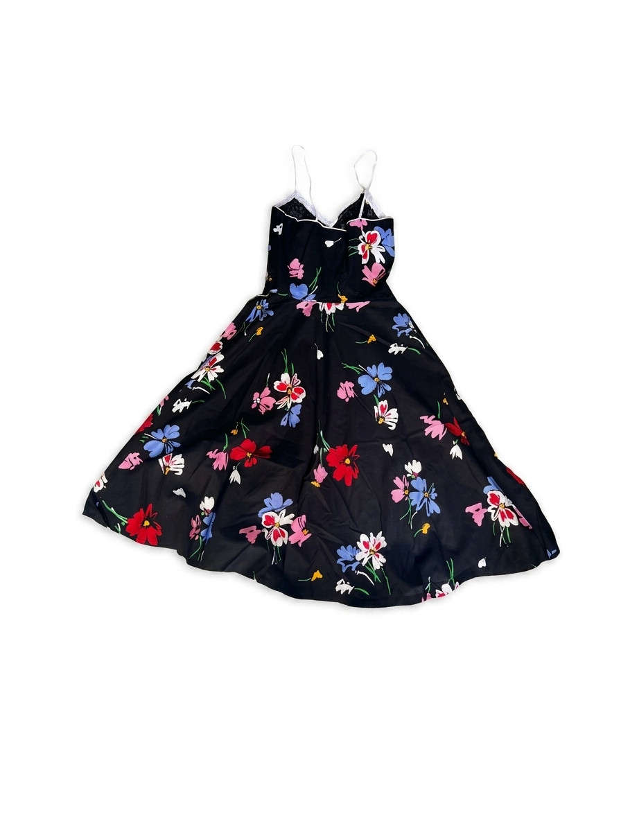 Vintage 60s Vincenti Black Floral Cotton Swing Dress Spaghetti Straps Size 4