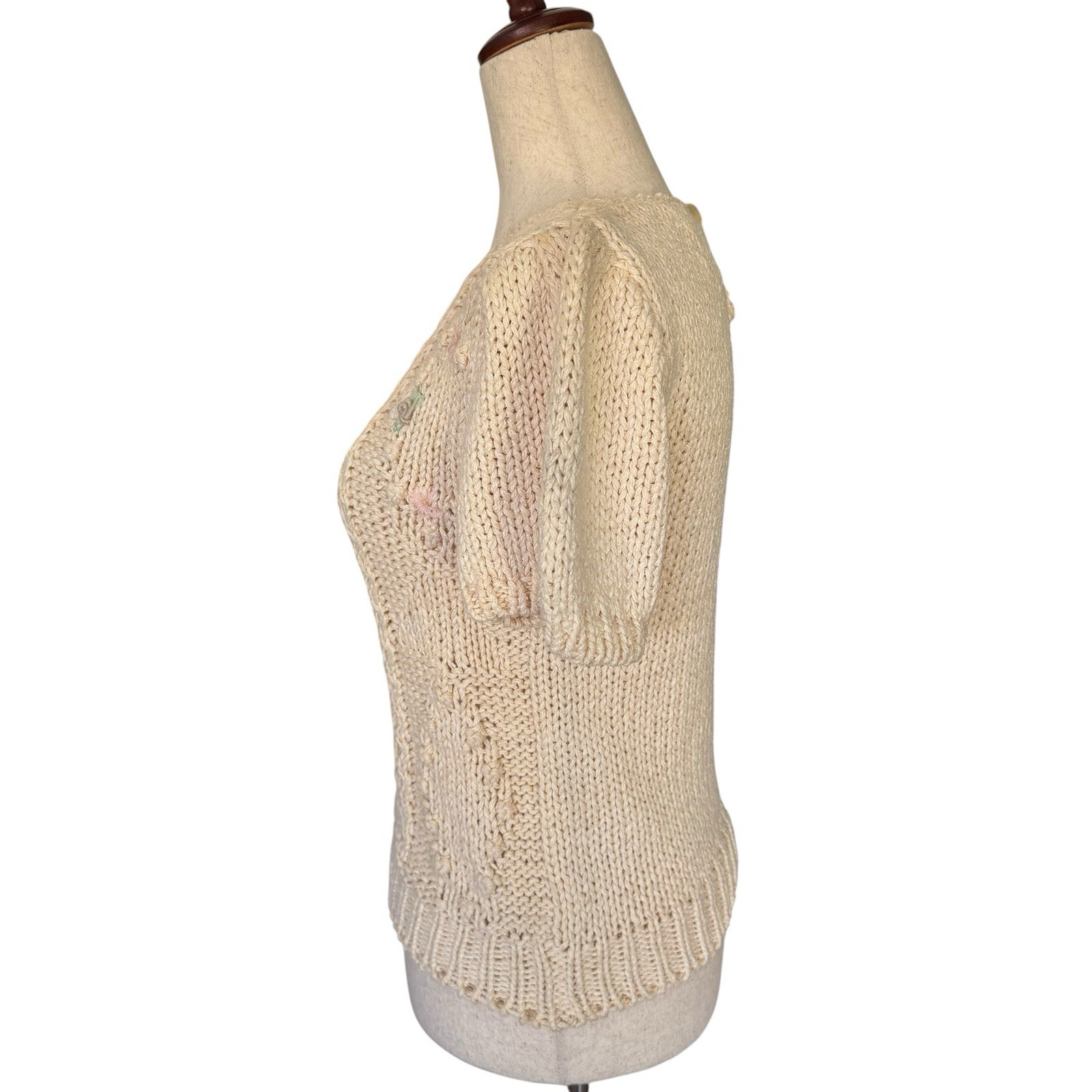Vintage 80s Hand Knit Sweater Floral Embroidery Puff Sleeve Coquette Cottage