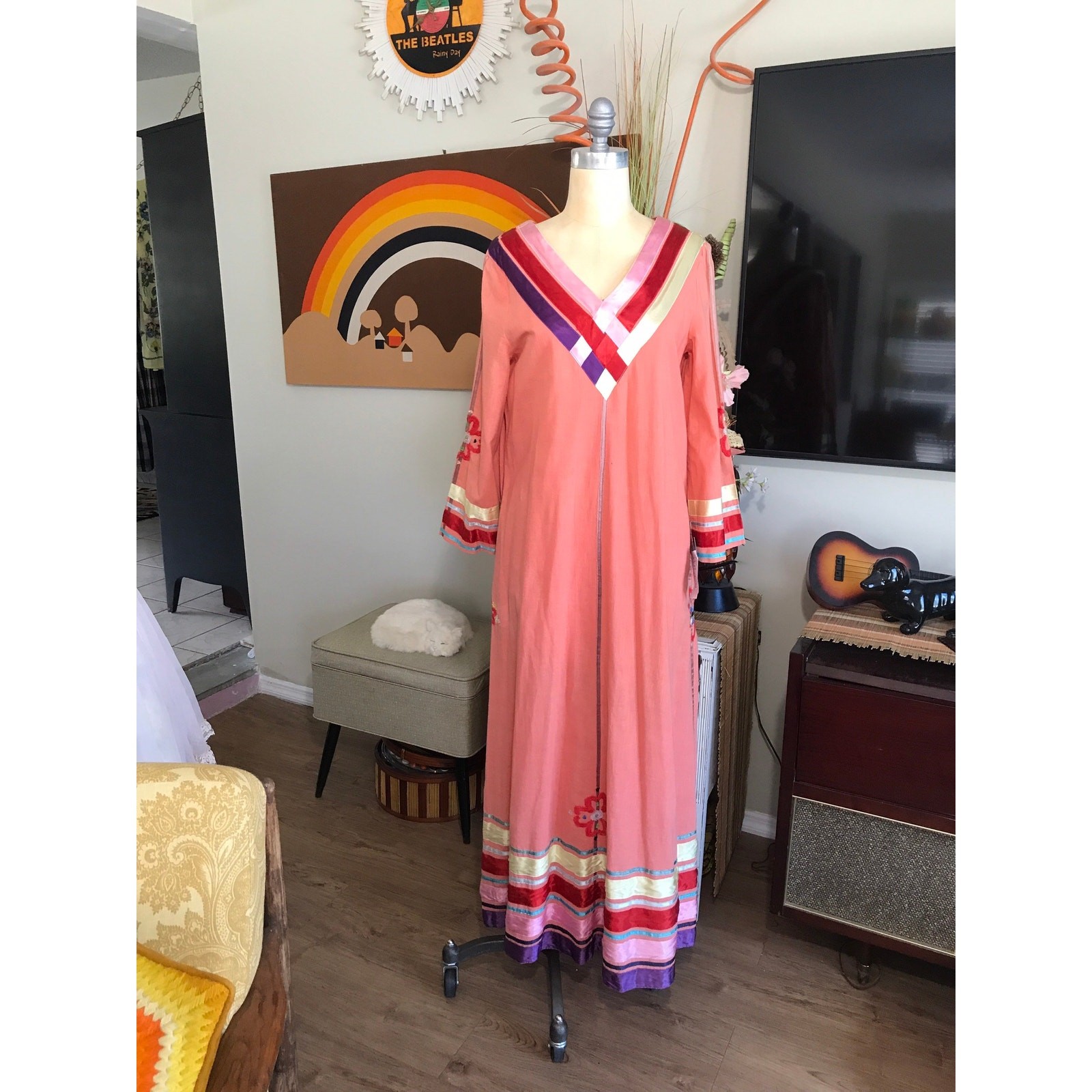 Vintage 1960s Peter G’s Neiman Marcus Floral Maxi Dress Hand Woven Cotton Boho