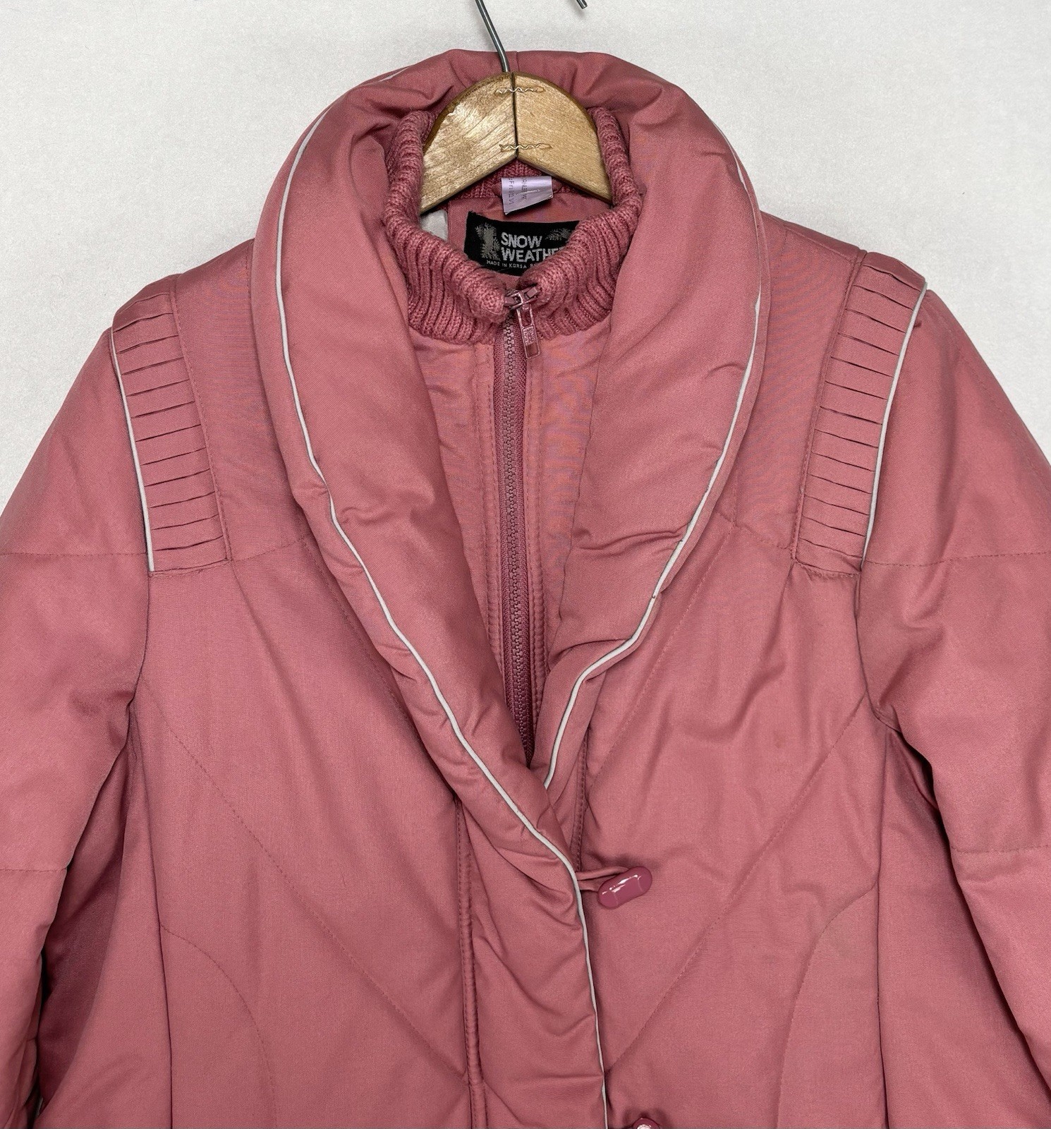 Vintage 70s Quilted Coat Size 14 Pink Long Puffer Jacket Toggles Snow Weather