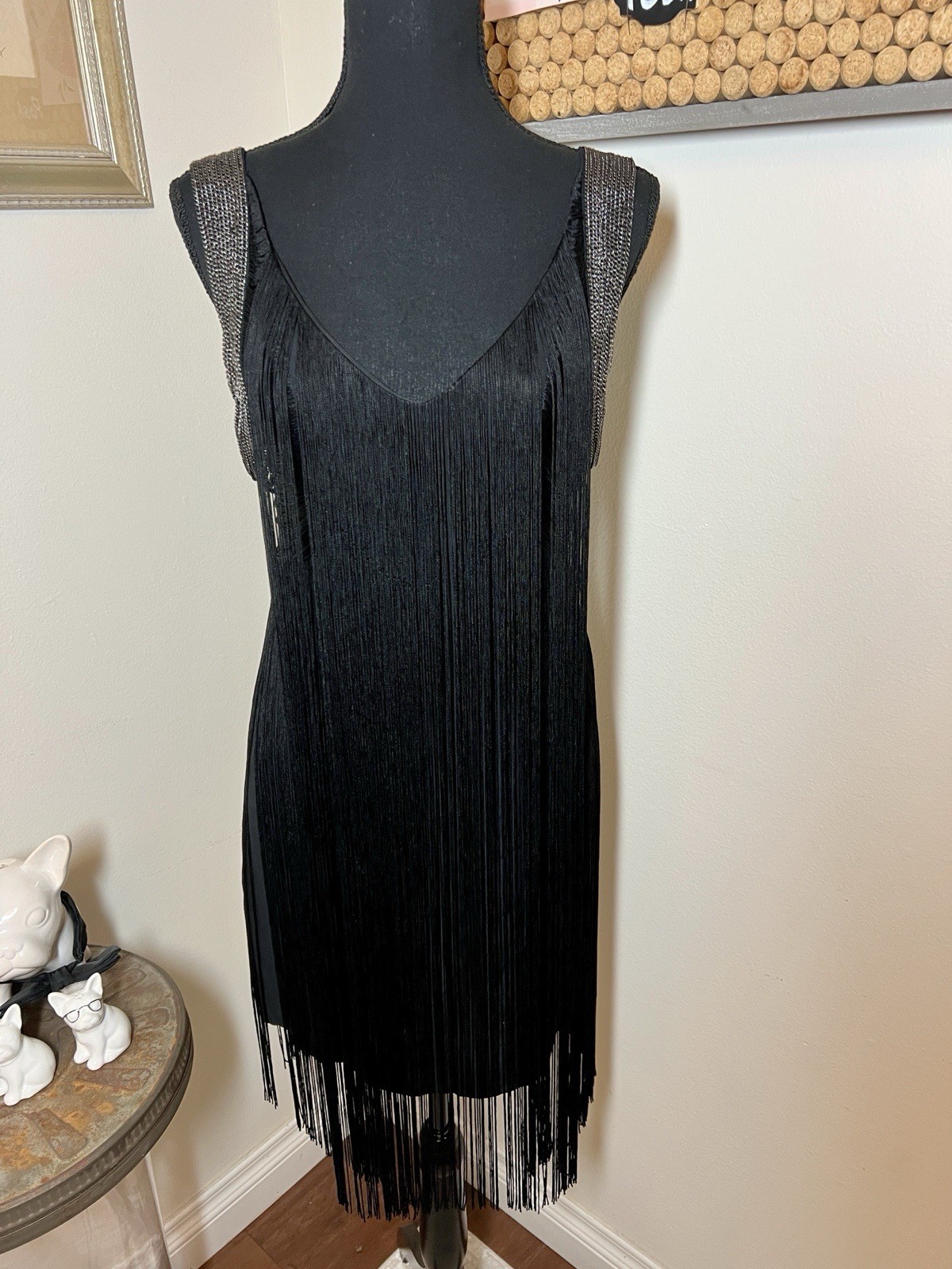 Vintage Haute Hippie Black Fringe Chain Sleeved Party Dress Sz. 2