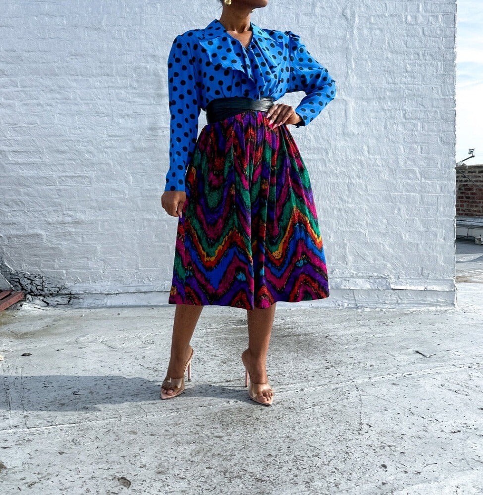 TanJay VTG Small 2pc Set Watercolor Art Wear Print Skirt Open Long Top Made USA