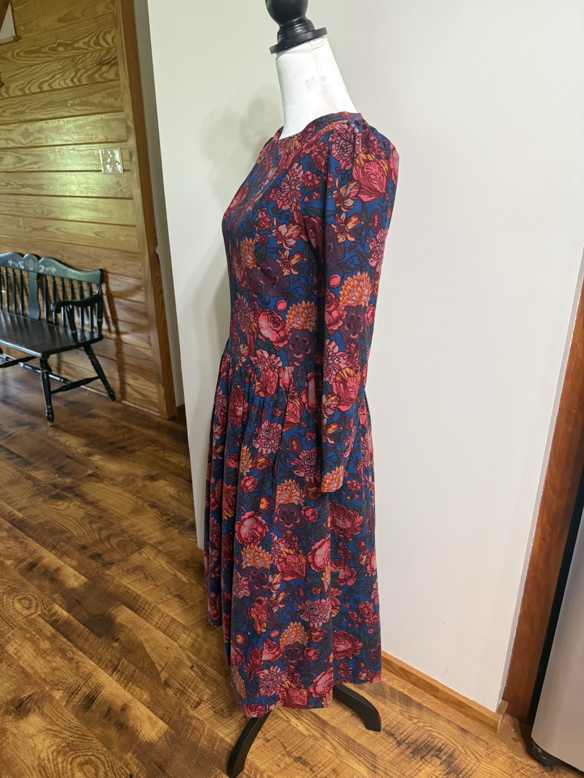 VTG 90s Laura Ashley Blue Red Purple Floral Puff Sleeve Corduroy Dress 10