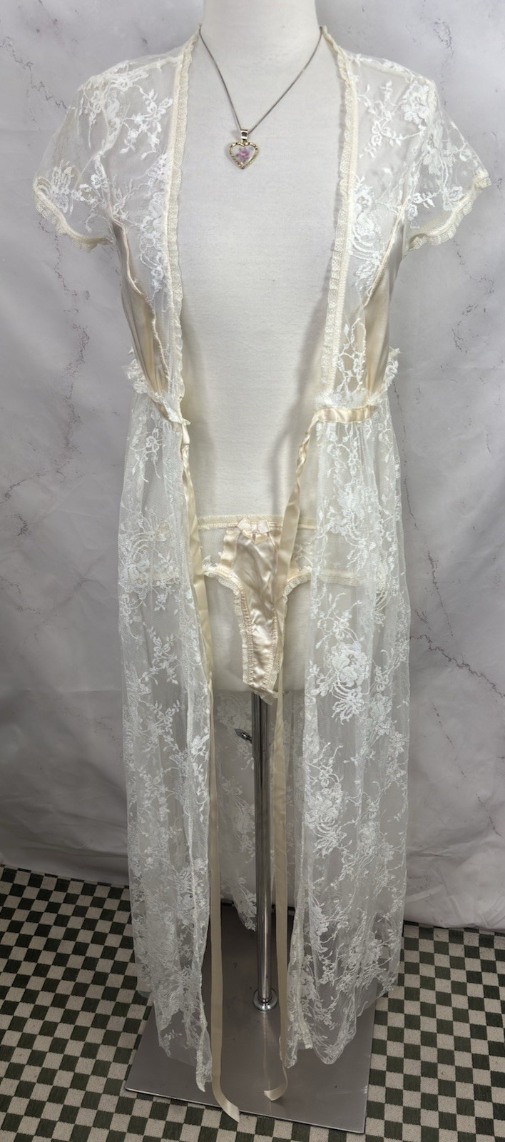Vtg 90s CLAIRE PETTIBONE Babydoll Sheer Lace Silk Nightgown Robe Dress S Bride