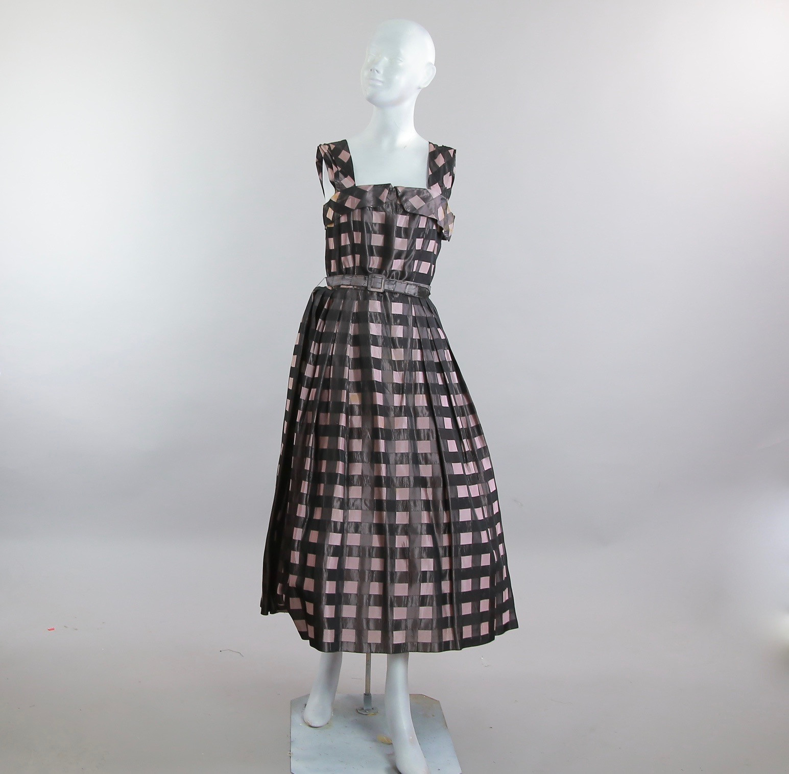 Vintage VTG 50s 60s Dress belted plaid pink black dress swing dance rockabilly