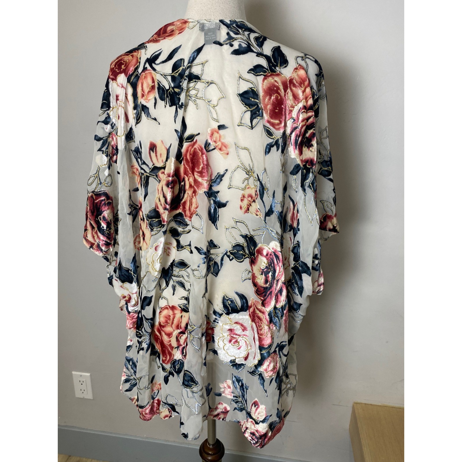 Vintage 90s Velvet Burnout Floral Kimono Wrap Gold Metallic Rose Sheer Cardigan