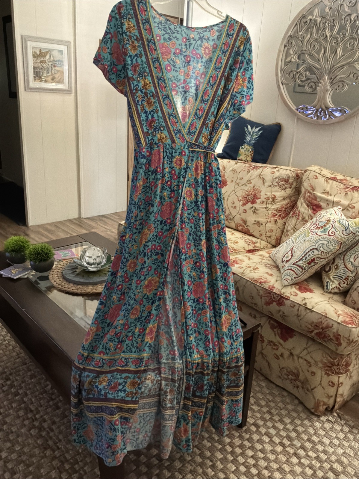 VINTAGE Hippie Women’s Wrap Dress Floral V-Neck Tiered Hemline Boho Size XXL
