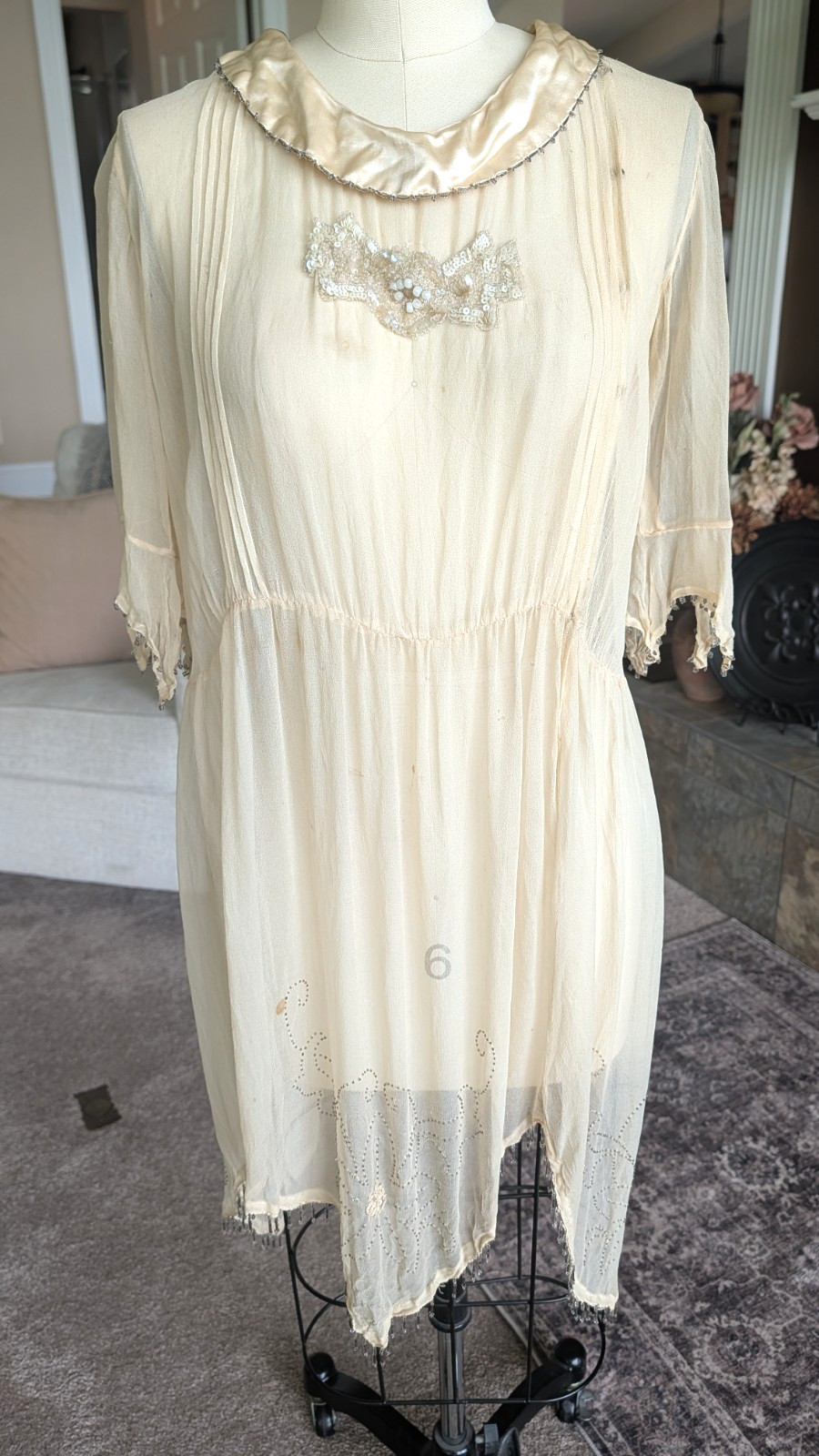 Antique 1920s silk beaded sheer dress beige flapper 40″ bust bead trim