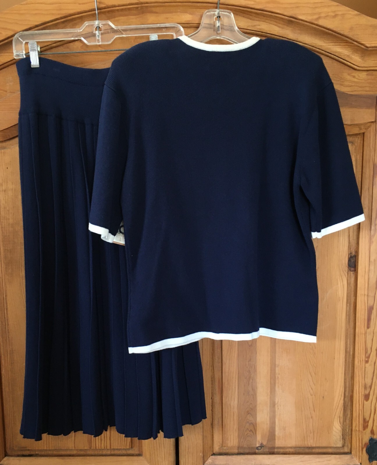 Vtg 1992 Susan Bristol Set Navy Blue Pleated Skirt & Button Top Knit Sweater Top