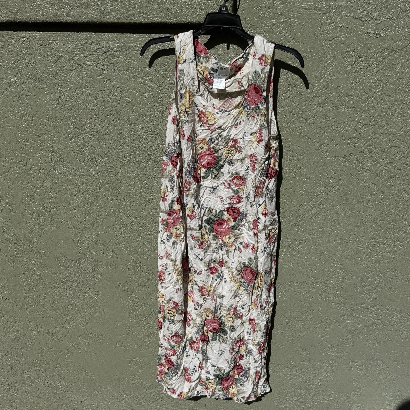 Vintage Koret Womens Dress Sz 14 White Pink Floral Sleeveless 38×12 Rayon Linen