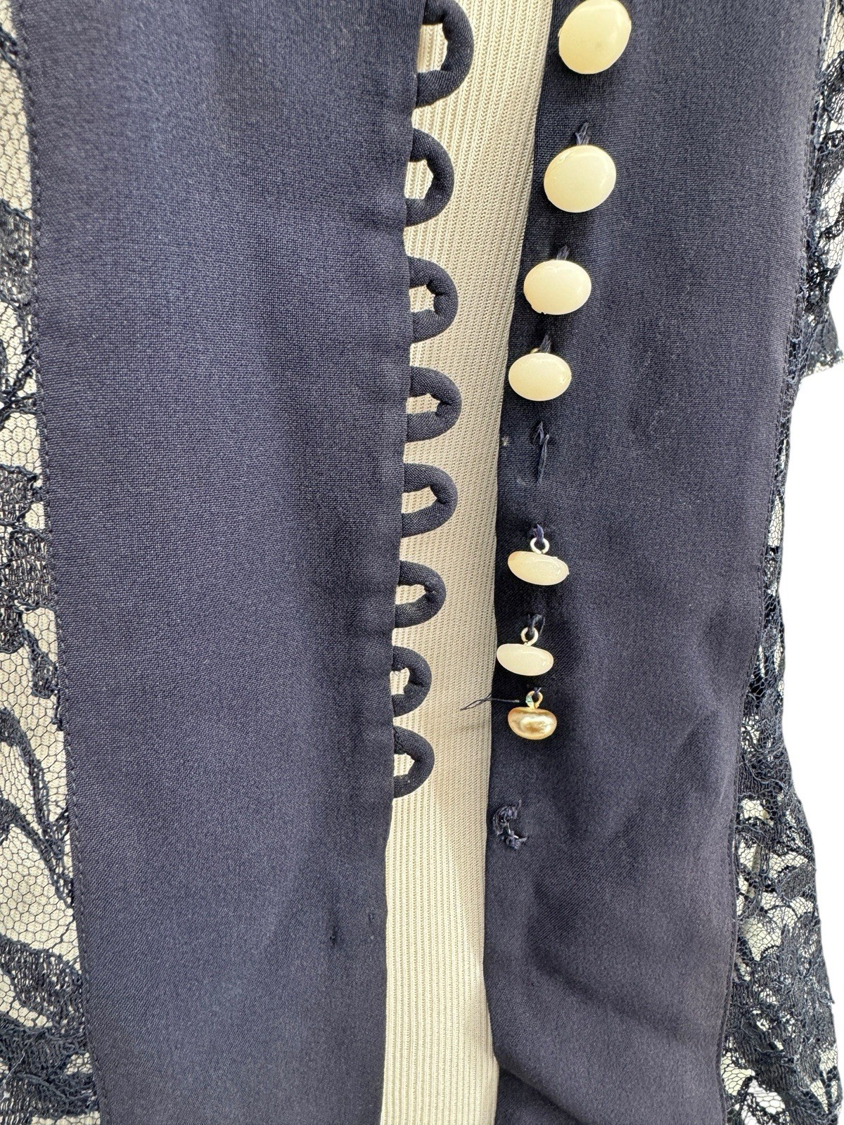 Vintage 1950s Lace Navy Blue Short Sleeve Cardigan Pearl Button Front 42″ Chest