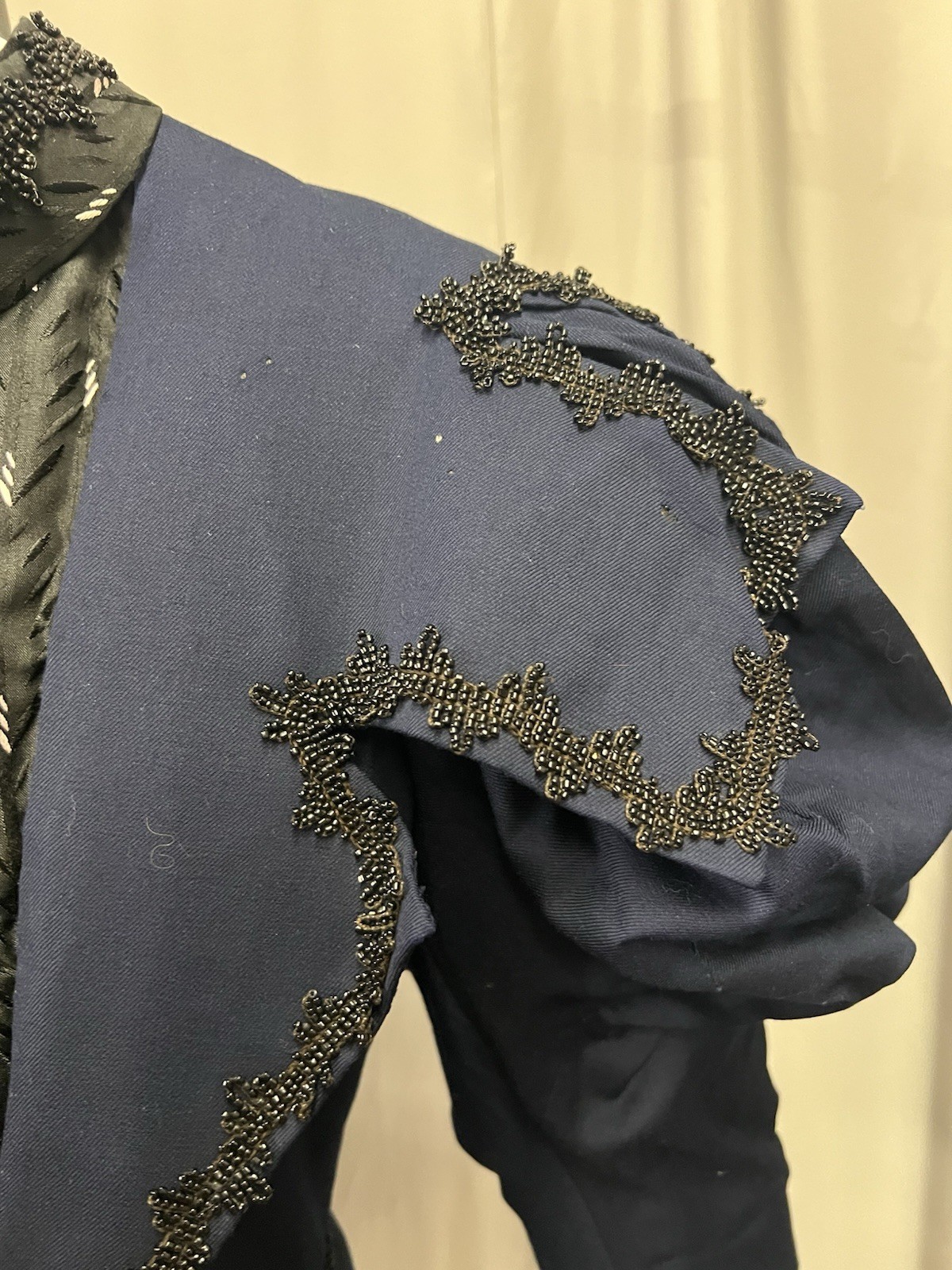 1890’s Royal Blue Bustle Gown Bodice Trimmed In Jet Beads & Silk