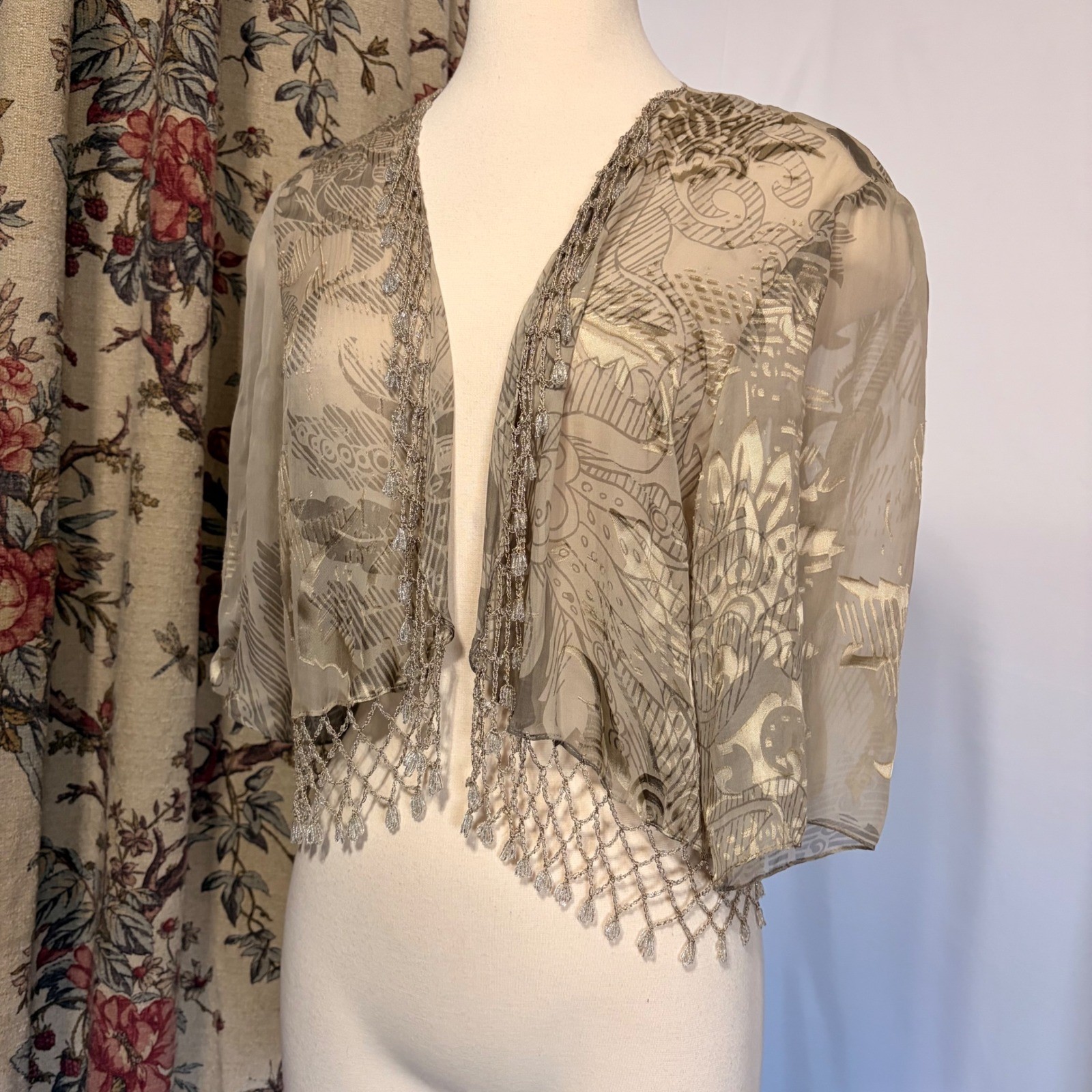 Alex Evenings Vintage Beige Floral Beaded gown with gorgeous fringe detailing