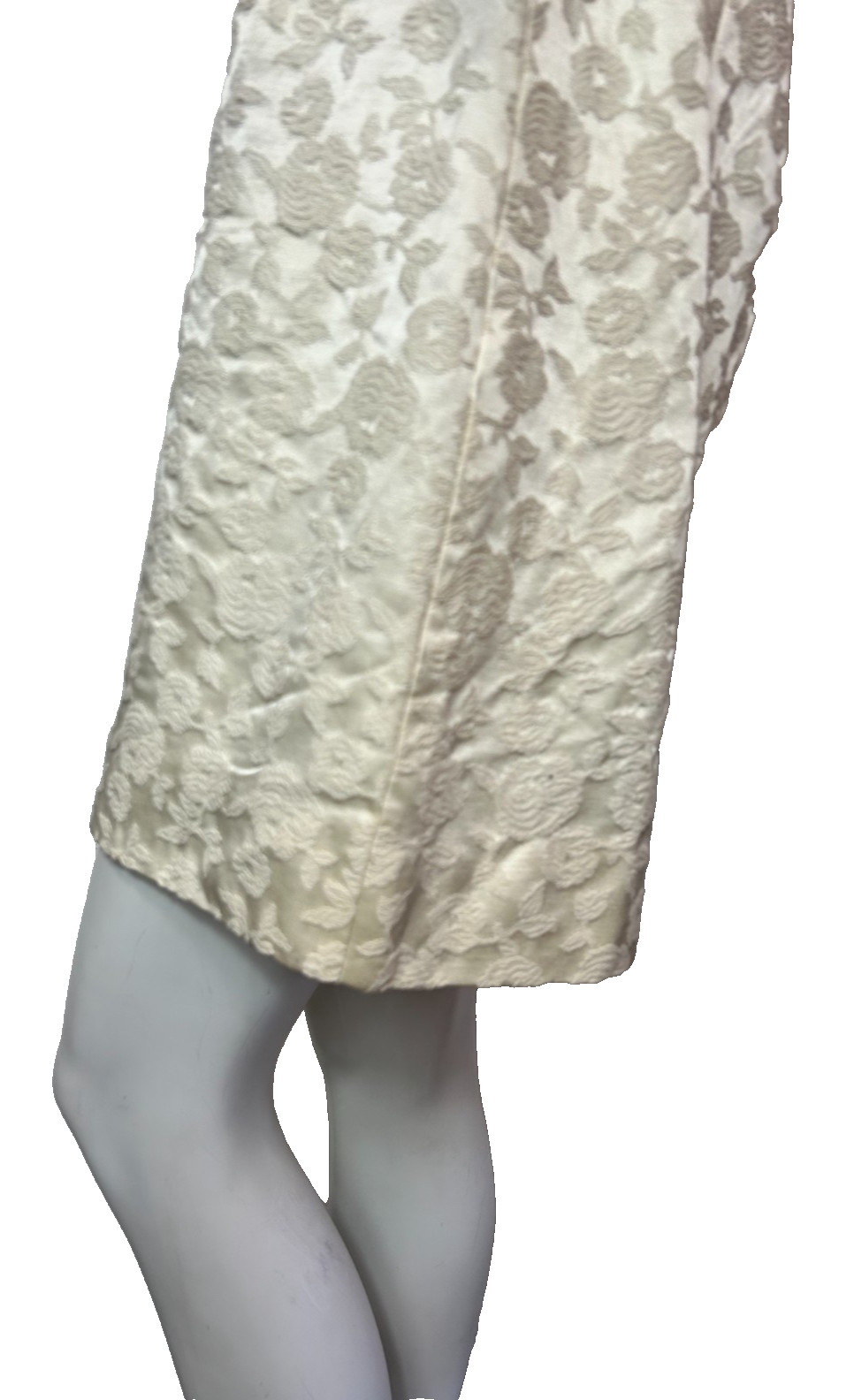 60’s Ivory Satin Brocade Wiggle Dress Size Small Zip Back Sleeve Damask Vintage