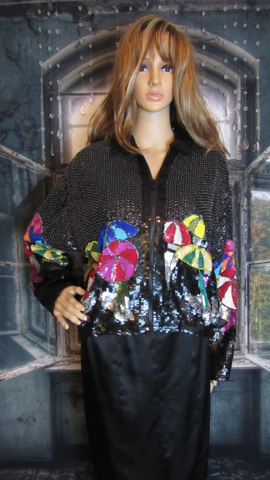 Vintage 80’s Modi Full Sequin Embellished Umbrella Theme Jacket Size Small 6-8