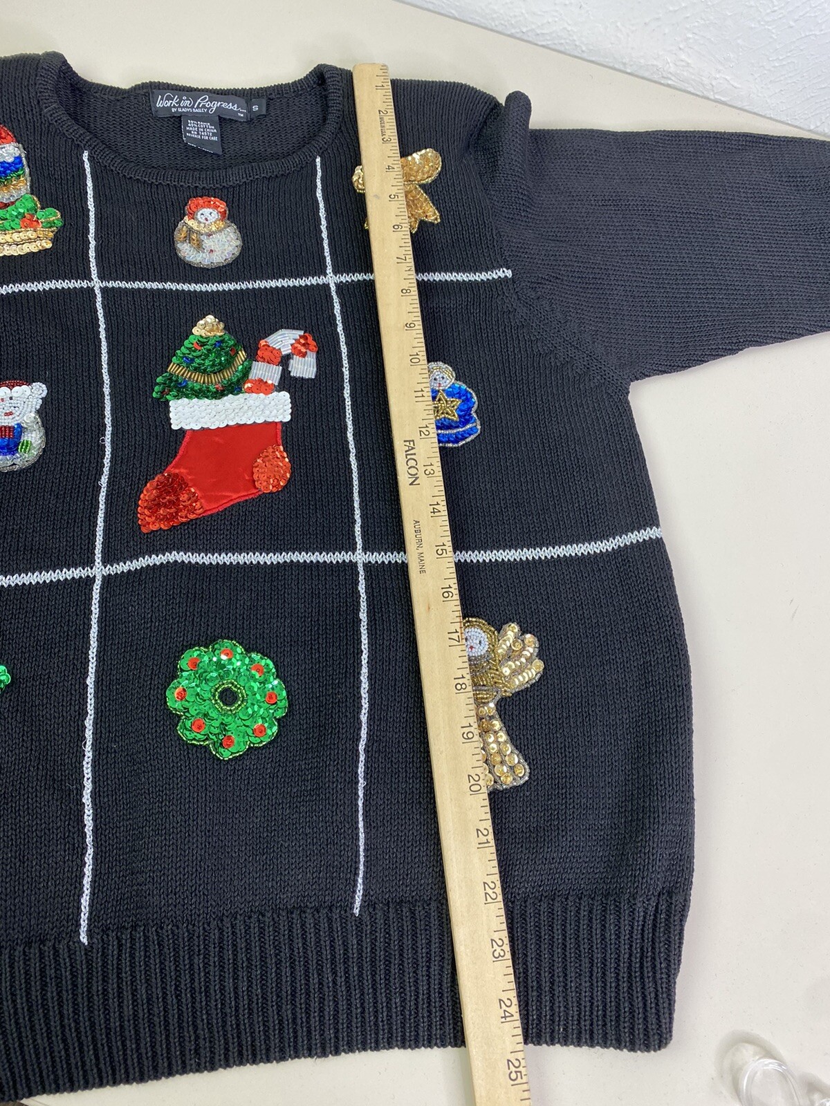 VTG Work In Progress Gladys Bagley Sequin Small Black Christmas Sweater EUC