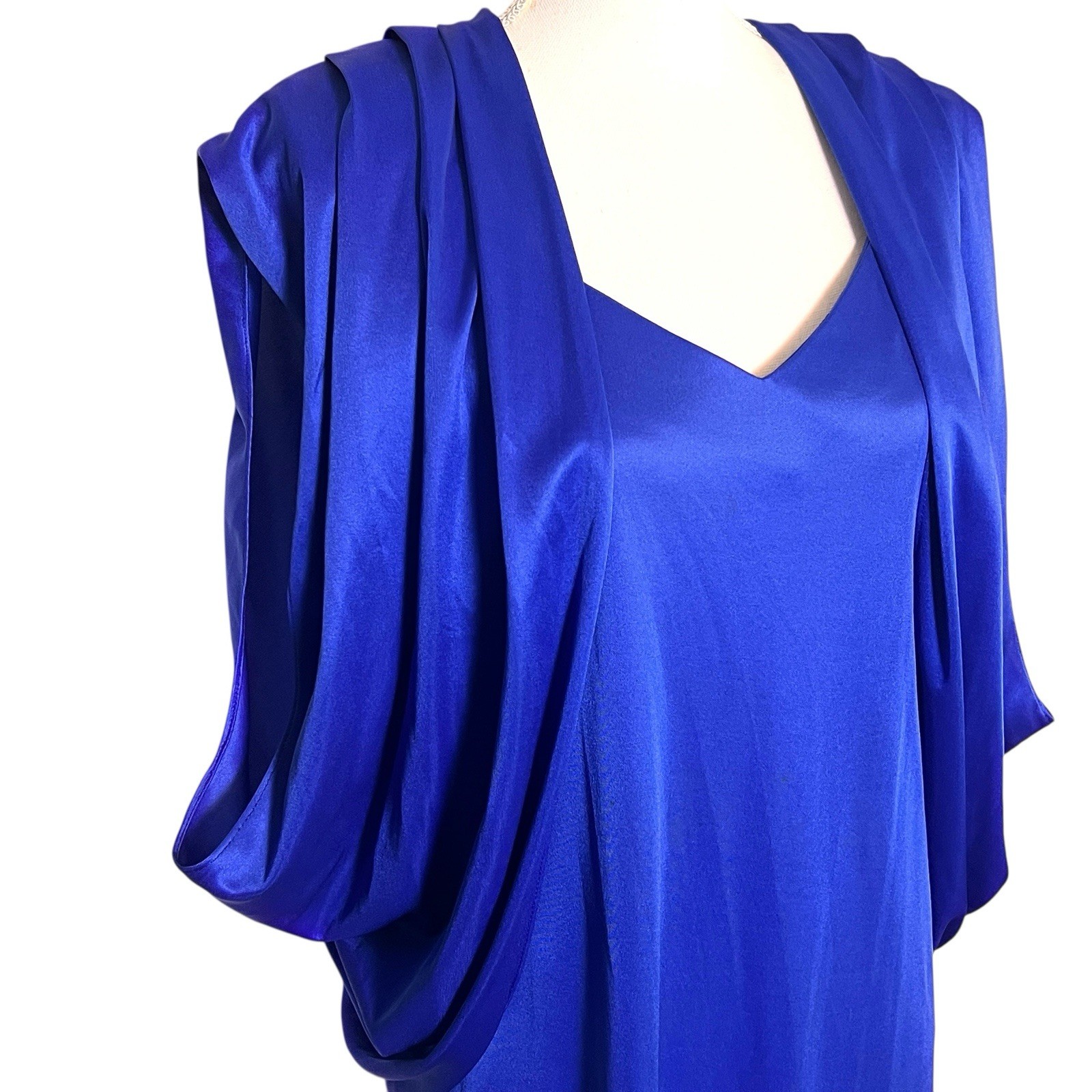 Vintage Royal Blue Satin 2 Pc Dress Set Drape Jacket Slip Midi Formal Evening M