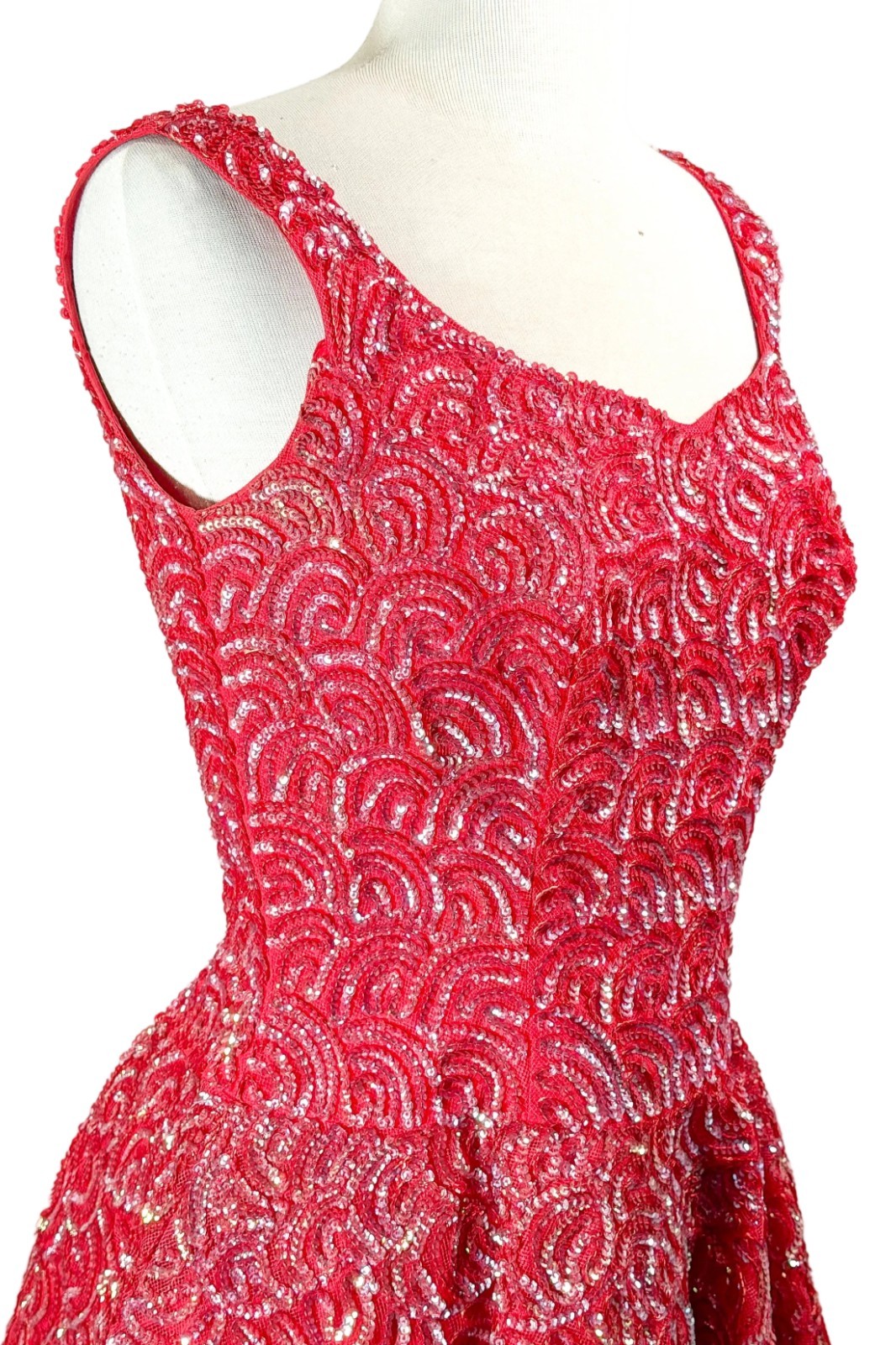 VTG 60s Mike Benet Formals Red & Sequin Party Dress, Fit and Flare SZ 9