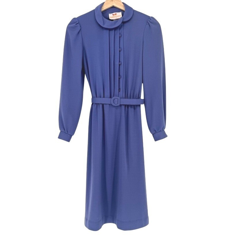 Vintage 60s Blue Peter Pan Collar Belted Secretary Dress 6 Union Label Twee Mod