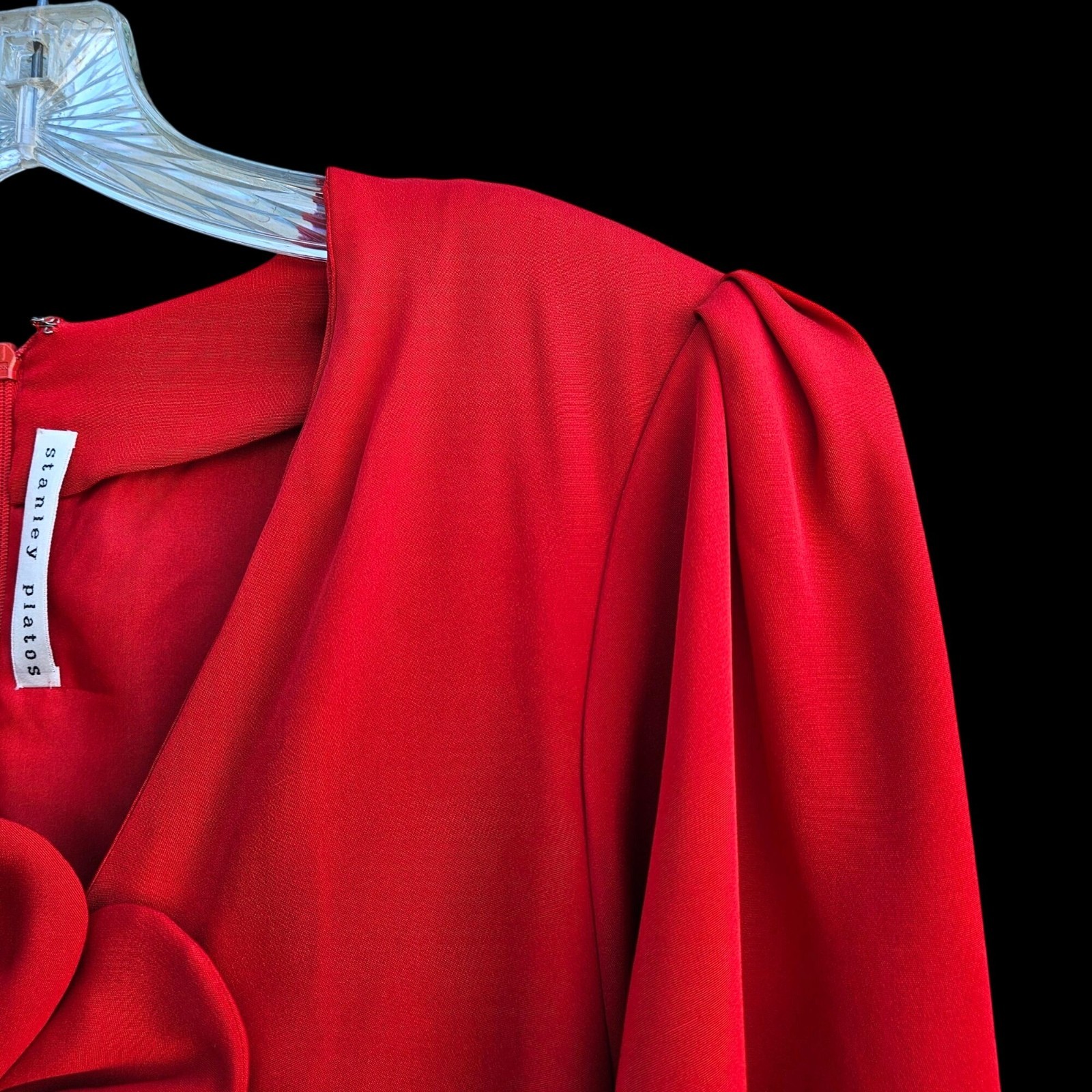 Vintage Stanley Platos Red Couture Silk Dress Pockets Flower Detail Size 10