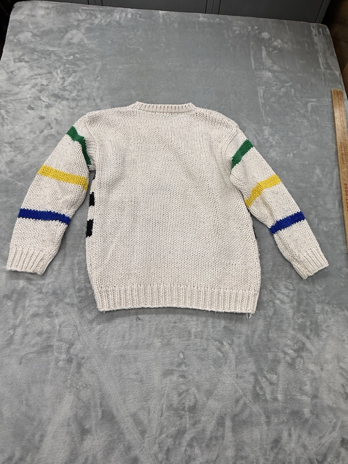 Women’s Vintage ONE STEP UP Bear Football Sports Theme Hand Knit Colorful Med
