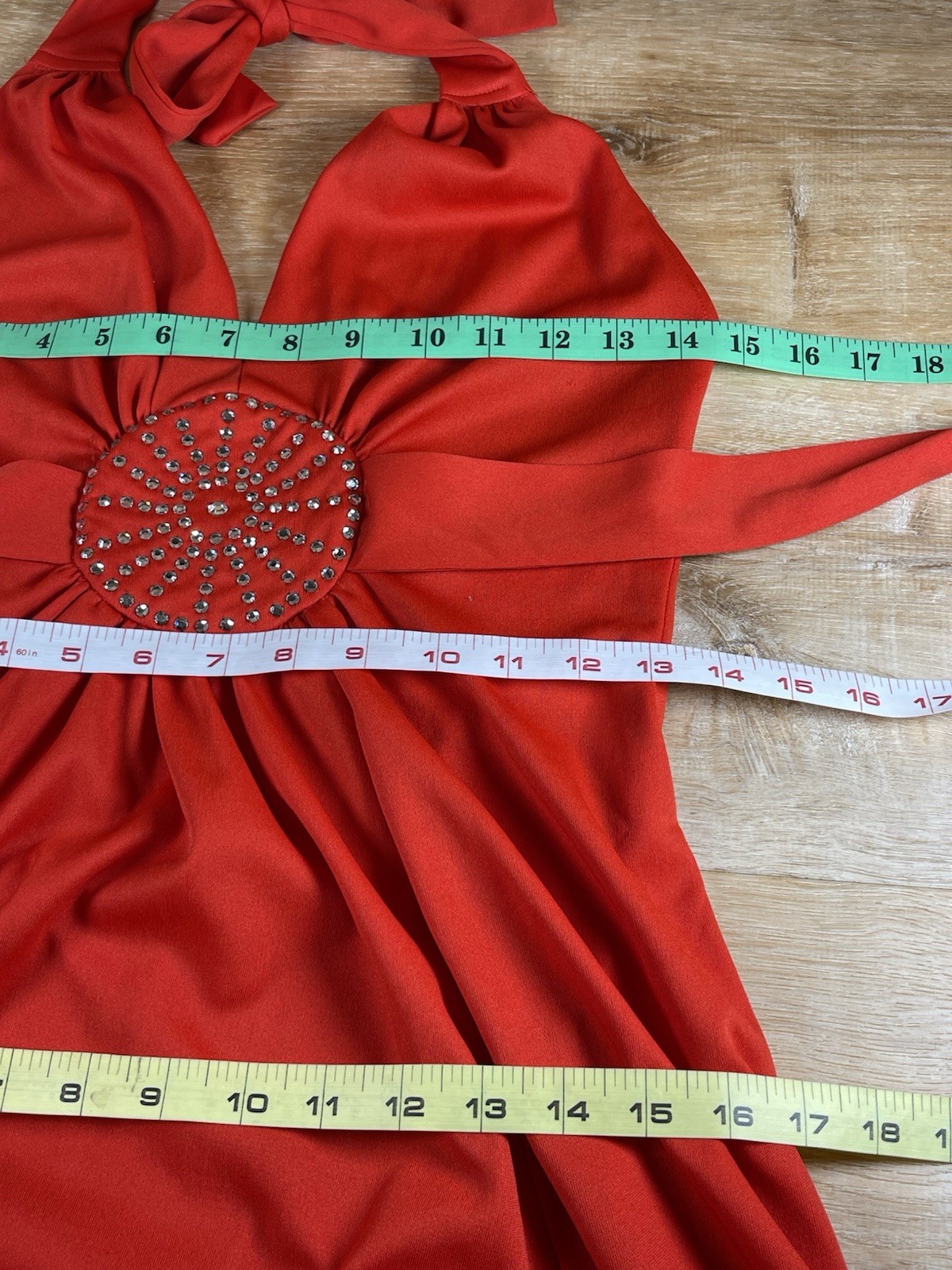 Vintage 1970’s Orange Red Halter Maxi Dress W Rhinestones As Is