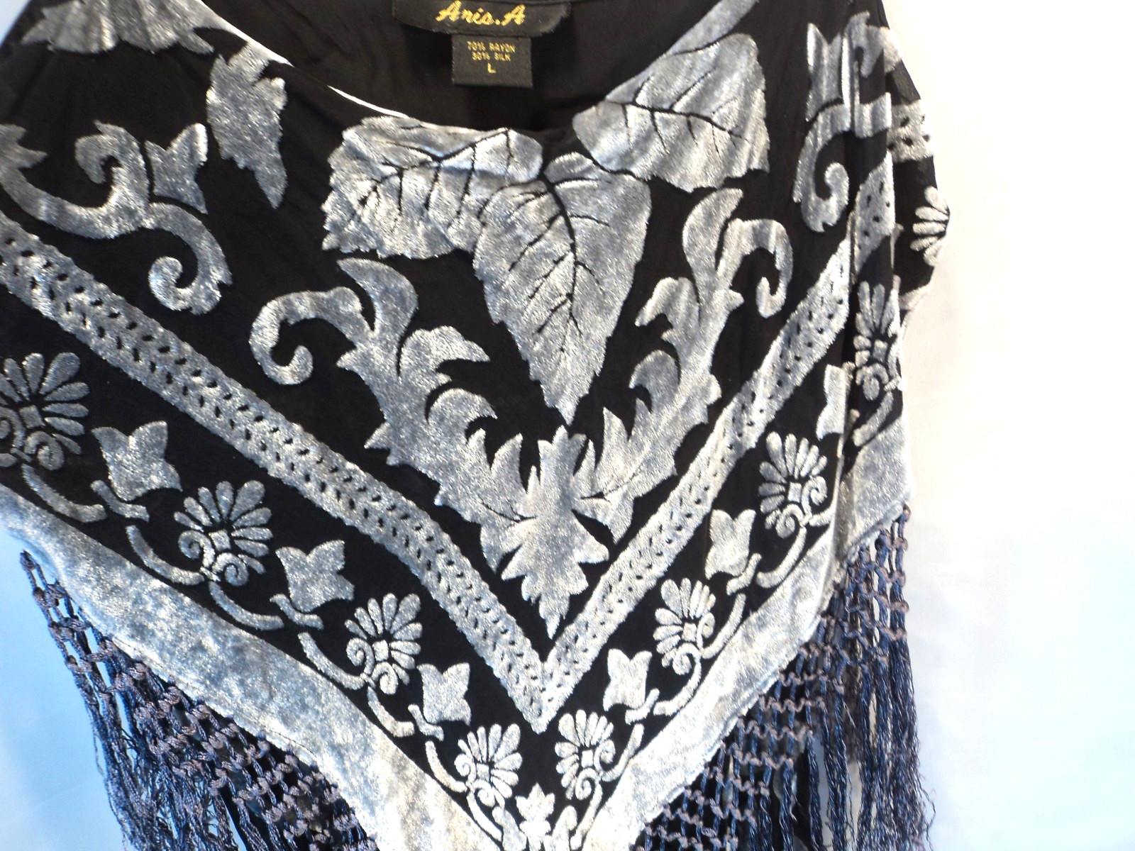 Vintage Aris A Y2K Silk Blend Burnout Velvet Fringe Maxi Dress Sz L