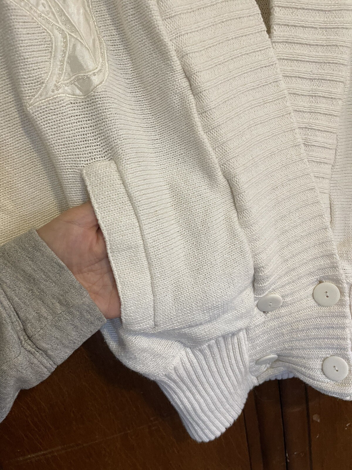 80s 90s Bonnie Boerer Beaded Cardigan Sweater Small Ivory Silver Sequins Chunky